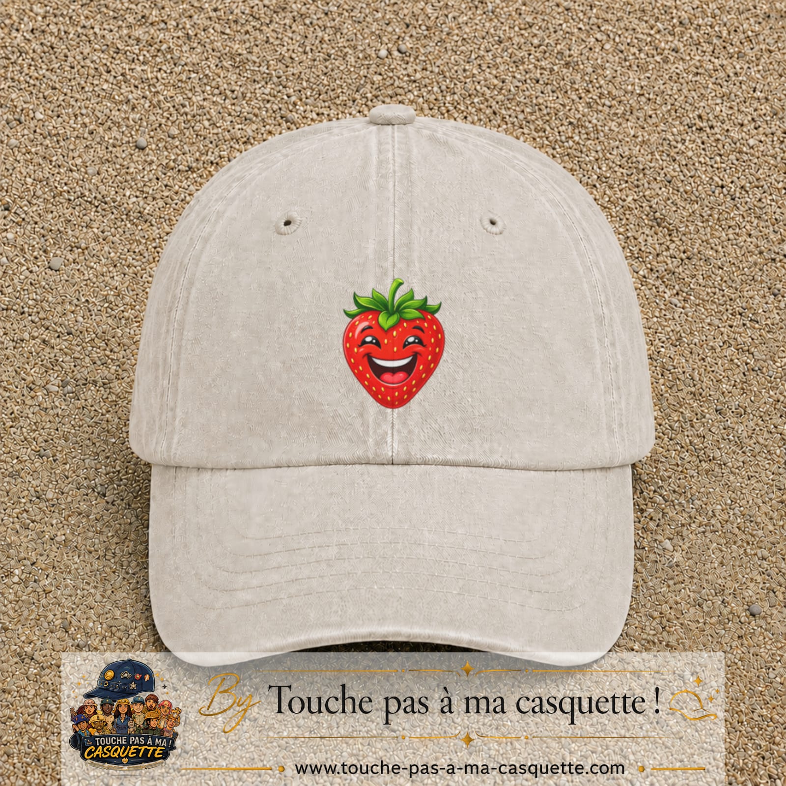 Casquette baseball Beige clair délavé 100% coton avec motif Fraise souriante 5 cm - image principale