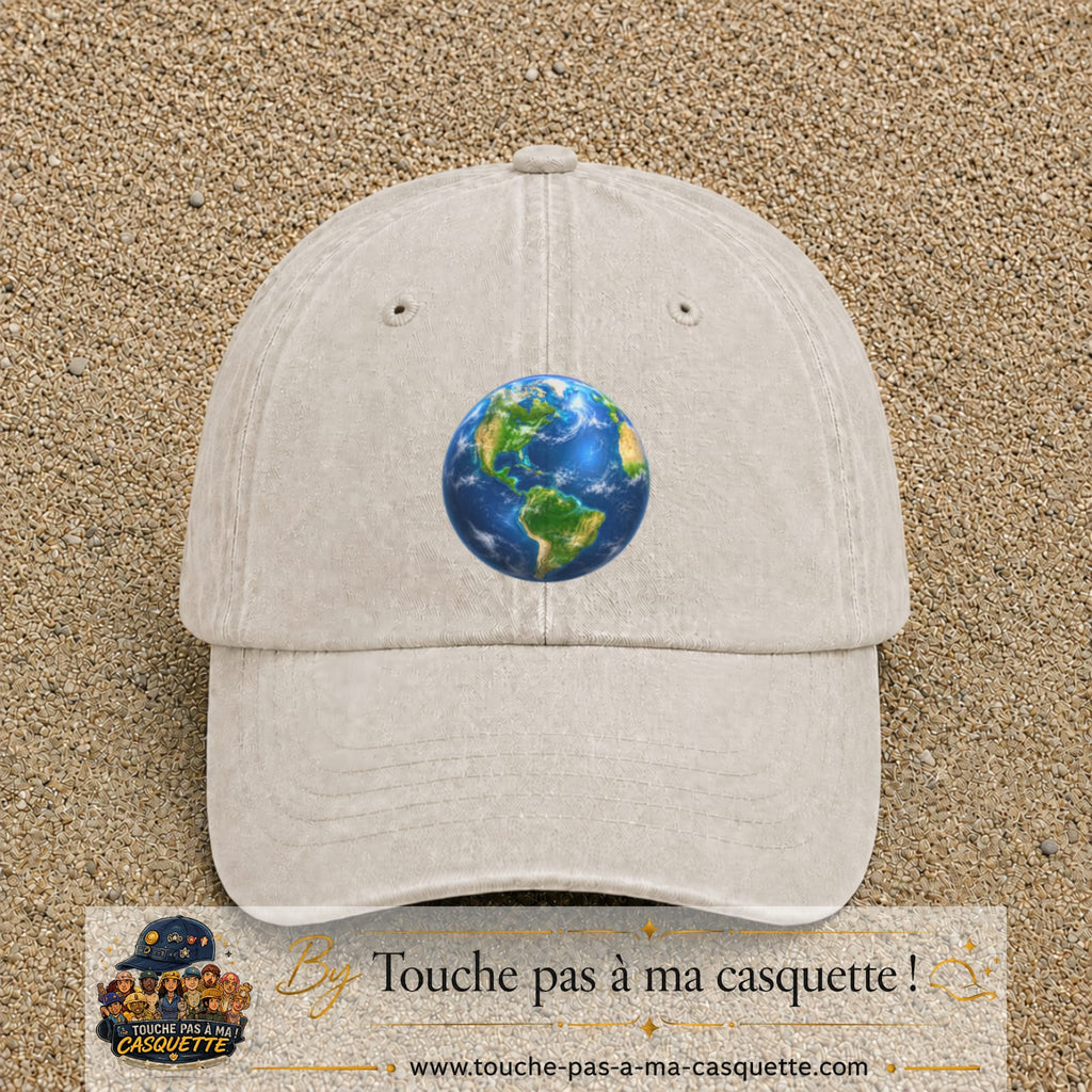 Casquette baseball Beige clair délavé 100% coton avec visuel Planète Terre réaliste 7 cm - image produit principale