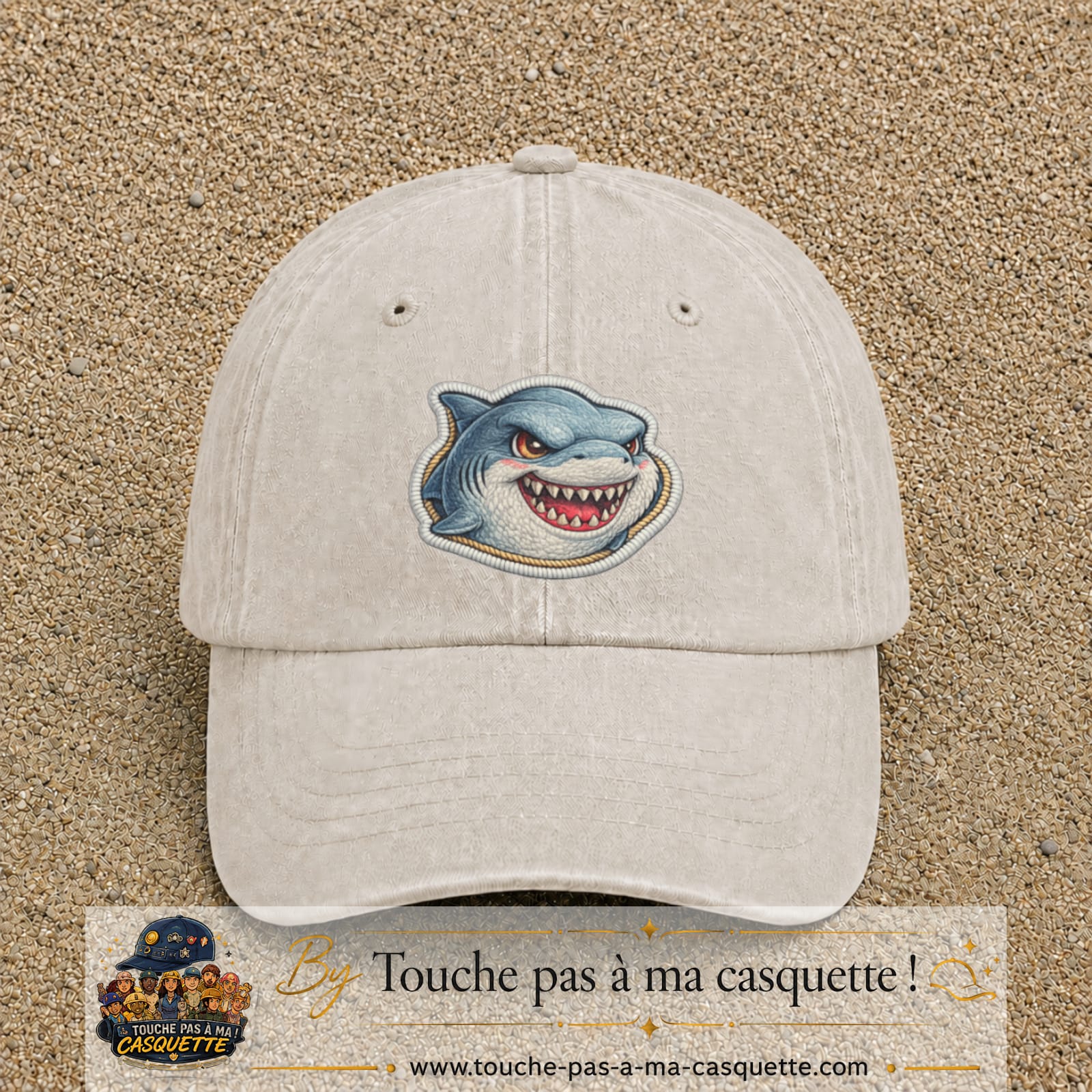 Casquette Beige clair délavé motif Requin fun 7 cm - vue principale