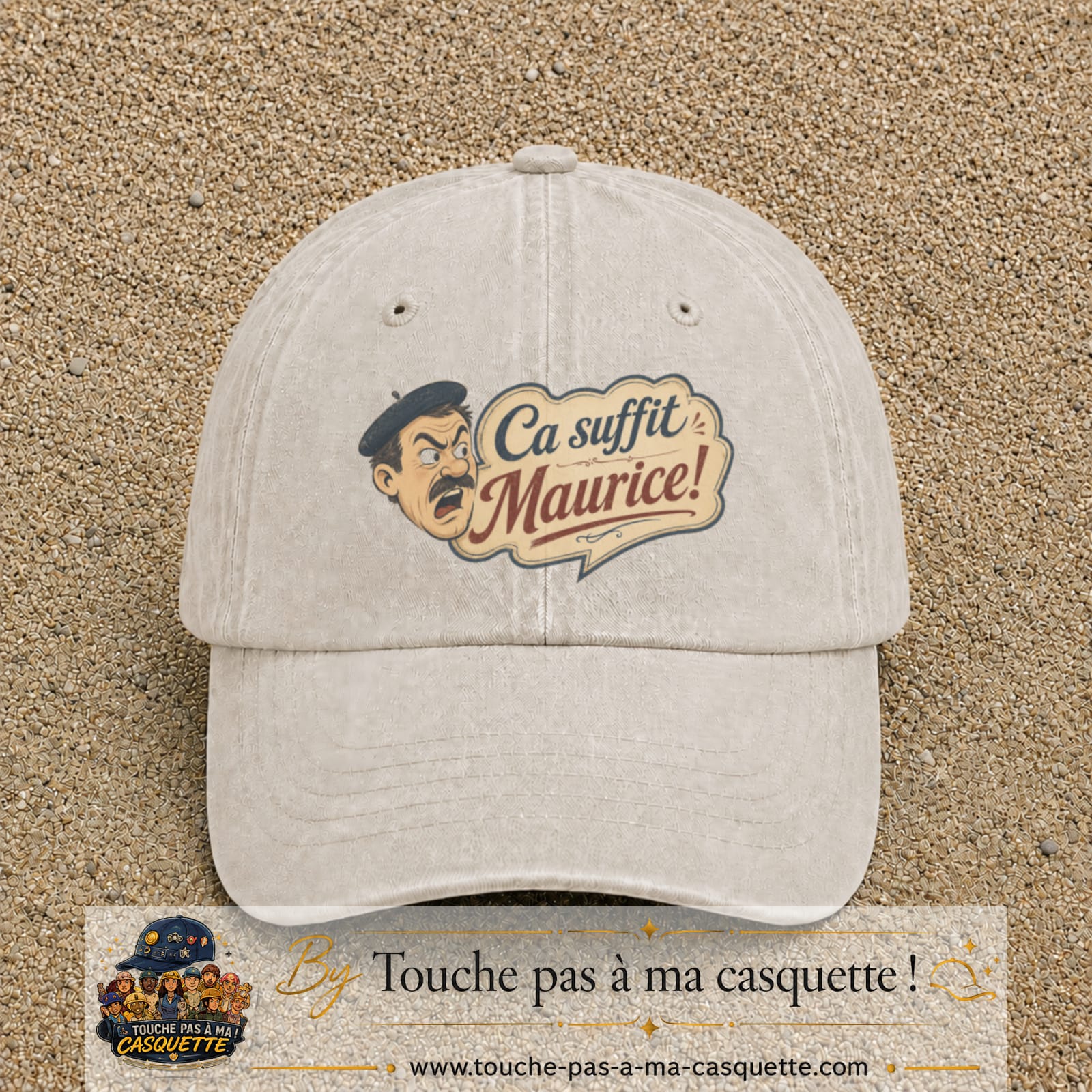 Casquette baseball Beige clair délavé 100% coton avec visuel Ça suffit Maurice avec personnage 7 cm - image produit principale