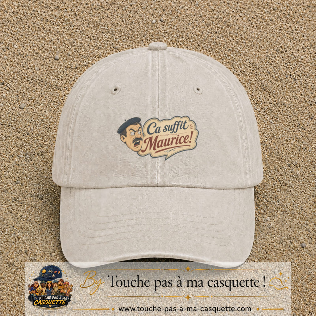 Casquette baseball Beige clair délavé 100% coton avec visuel Ça suffit Maurice avec personnage 5 cm - image produit principale