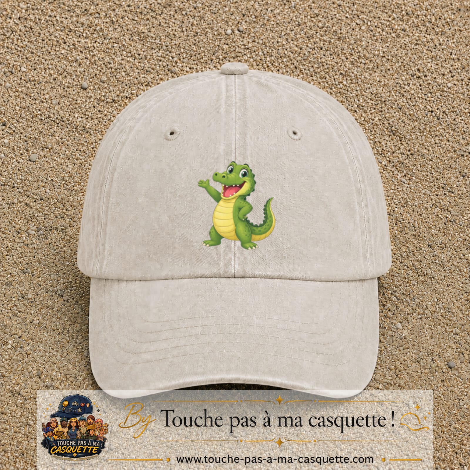 Casquette Beige clair délavé 100% coton avec motif Crocodile joyeux 7 cm - image principale