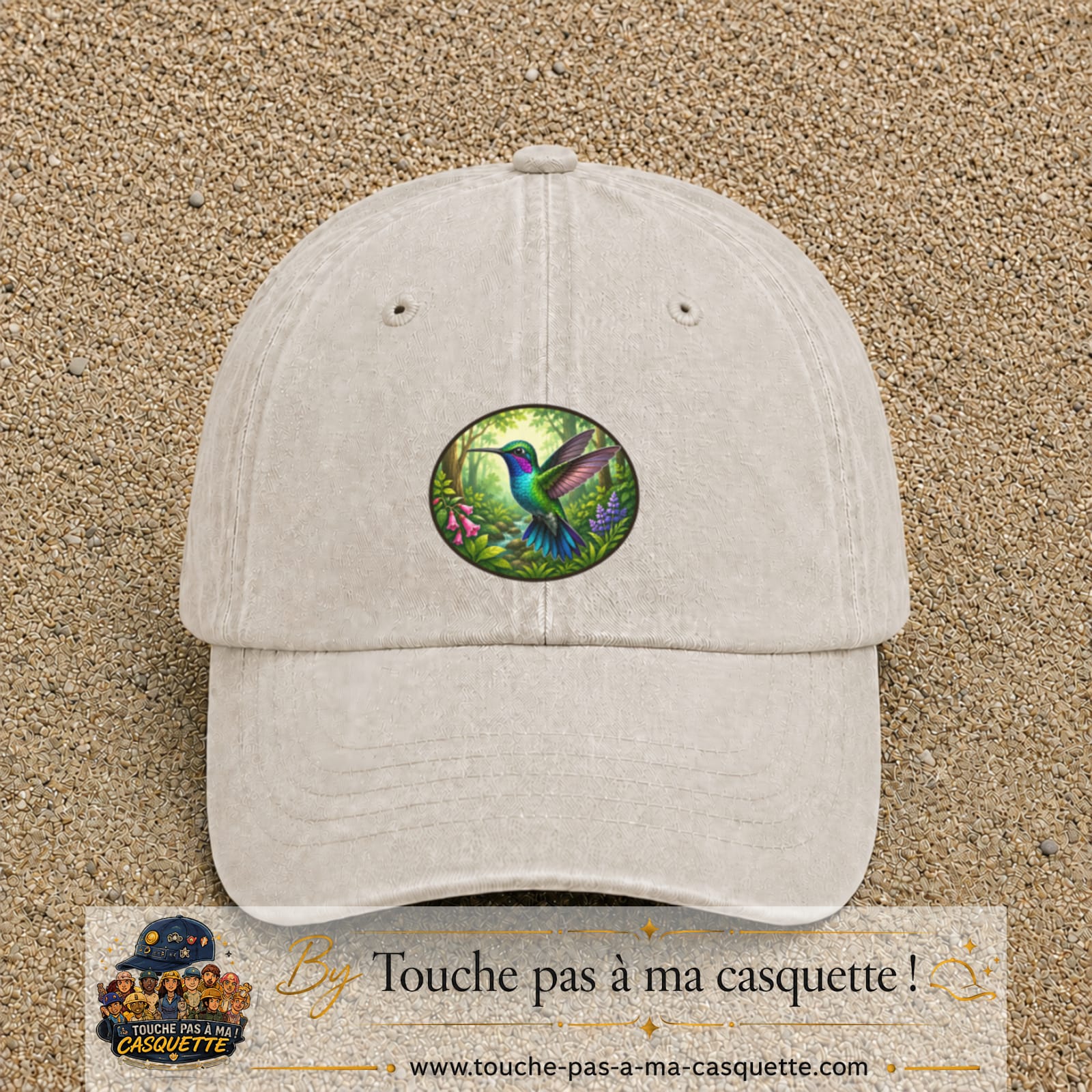 Casquette baseball Beige clair délavé 100% coton avec visuel Colibri tropical 7 cm - image produit principale