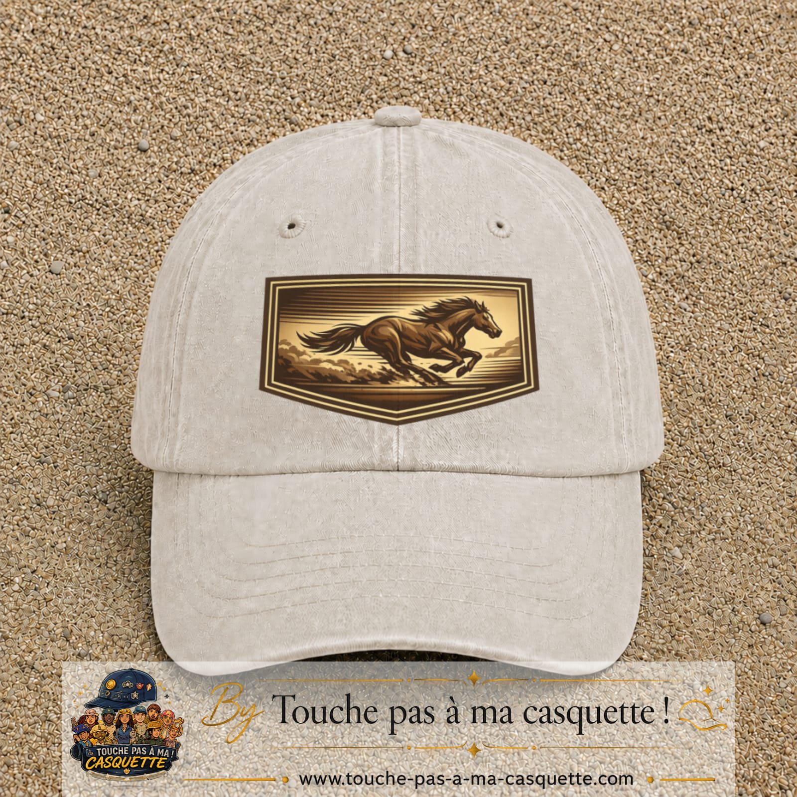 Casquette baseball Beige clair délavé 100% coton avec visuel Cheval en course 7 cm - image produit principale