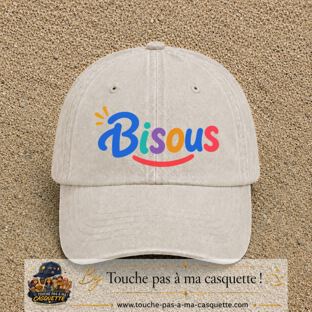 Casquette baseball Beige clair délavé 100% coton avec visuel Bisous coloré 7 cm - image produit principale