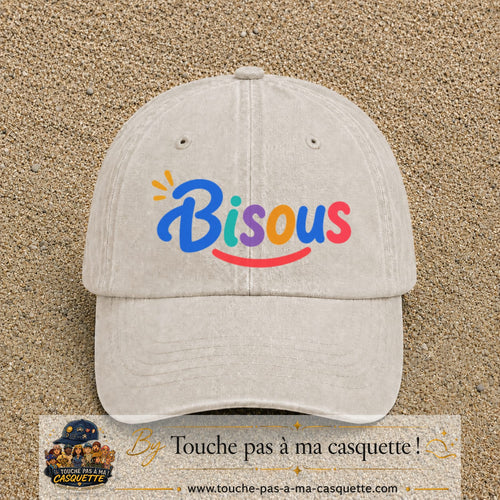 Casquette baseball Beige clair délavé 100% coton avec visuel Bisous coloré 7 cm - image produit principale