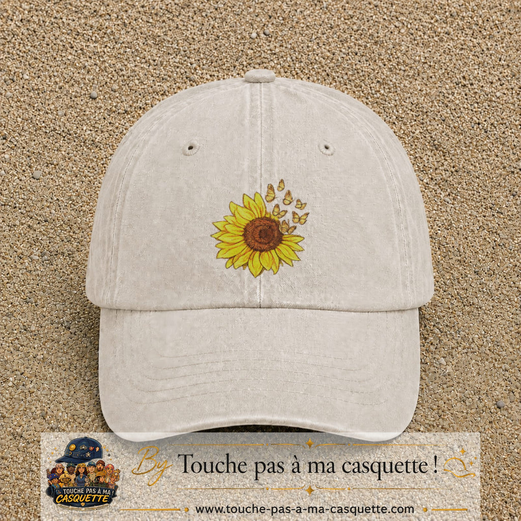 Casquette Beige clair délavé motif Tournesol avec papillons 7 cm - vue principale