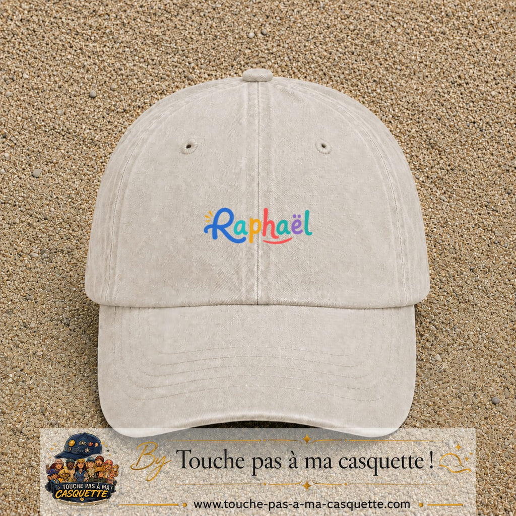 Casquette baseball Beige clair délavé 100% coton avec visuel Prénom Raphaël coloré 3 cm - image produit principale