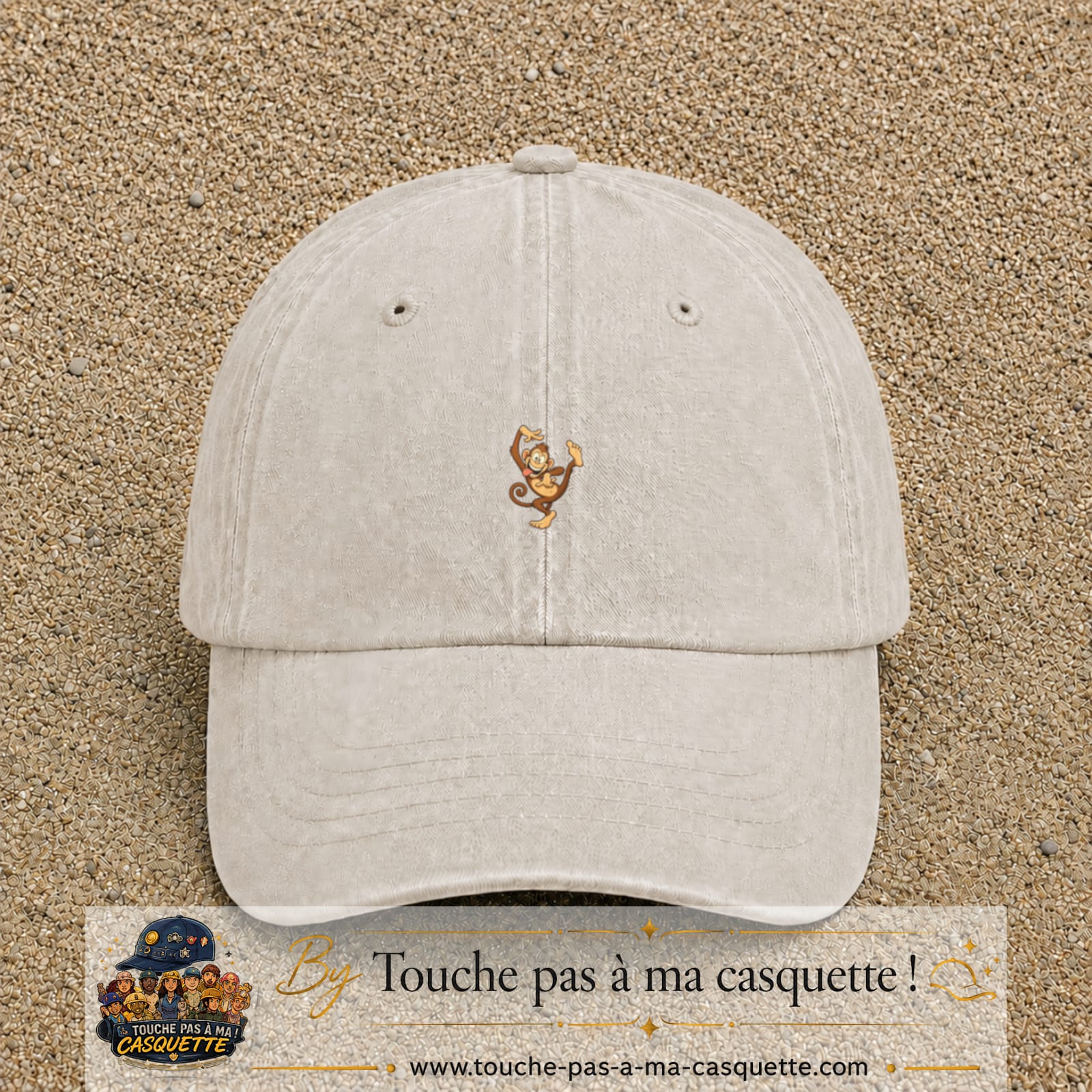 Casquette baseball Beige clair délavé 100% coton avec visuel Singe acrobatique 3 cm - image produit principale