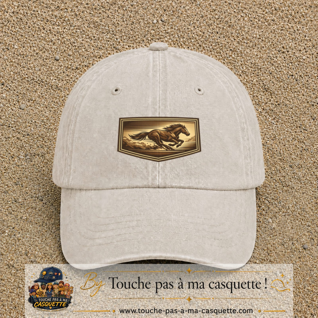 Casquette baseball Beige clair délavé 100% coton avec visuel Cheval en course 5 cm - image produit principale