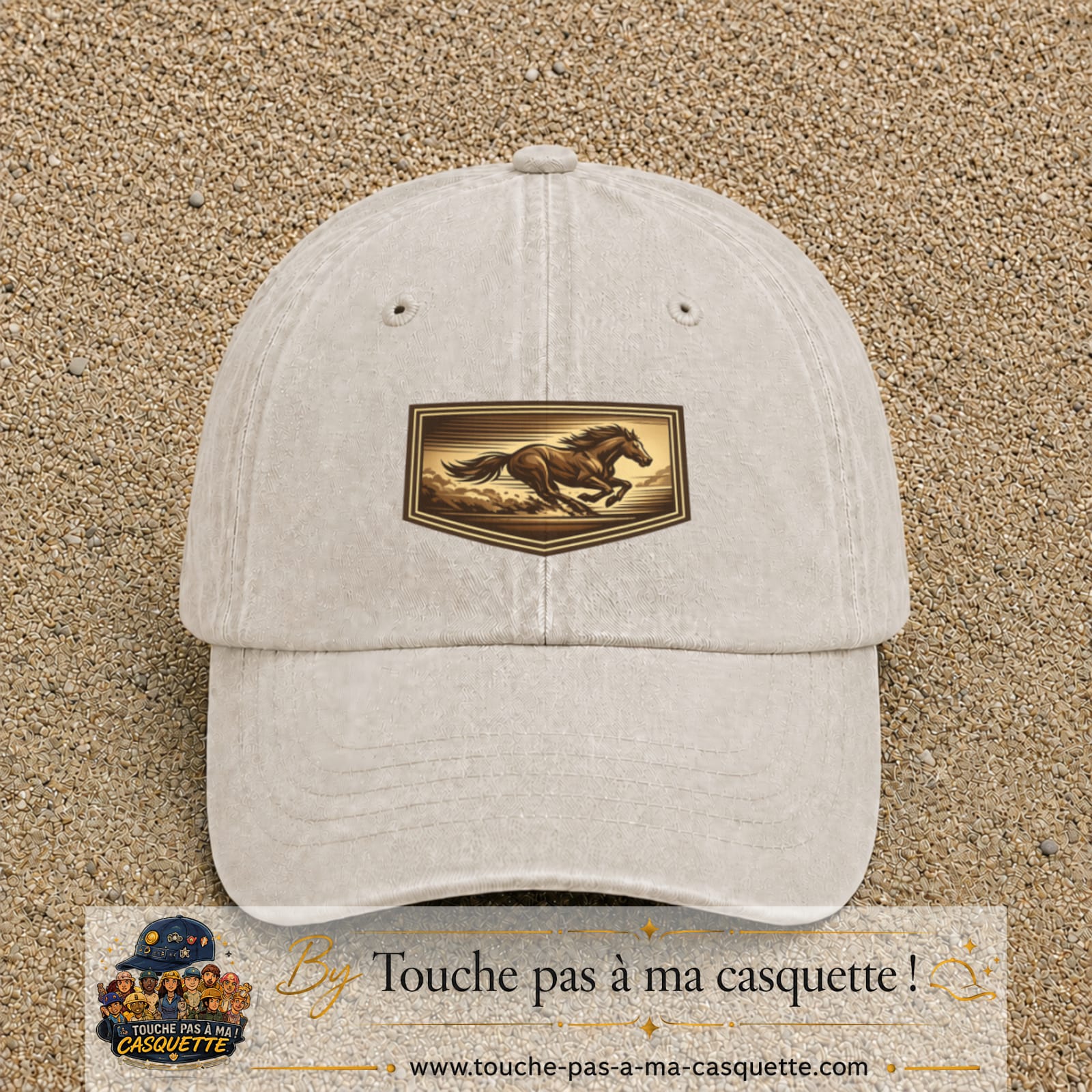 Casquette baseball Beige clair délavé 100% coton avec visuel Cheval en course 5 cm - image produit principale