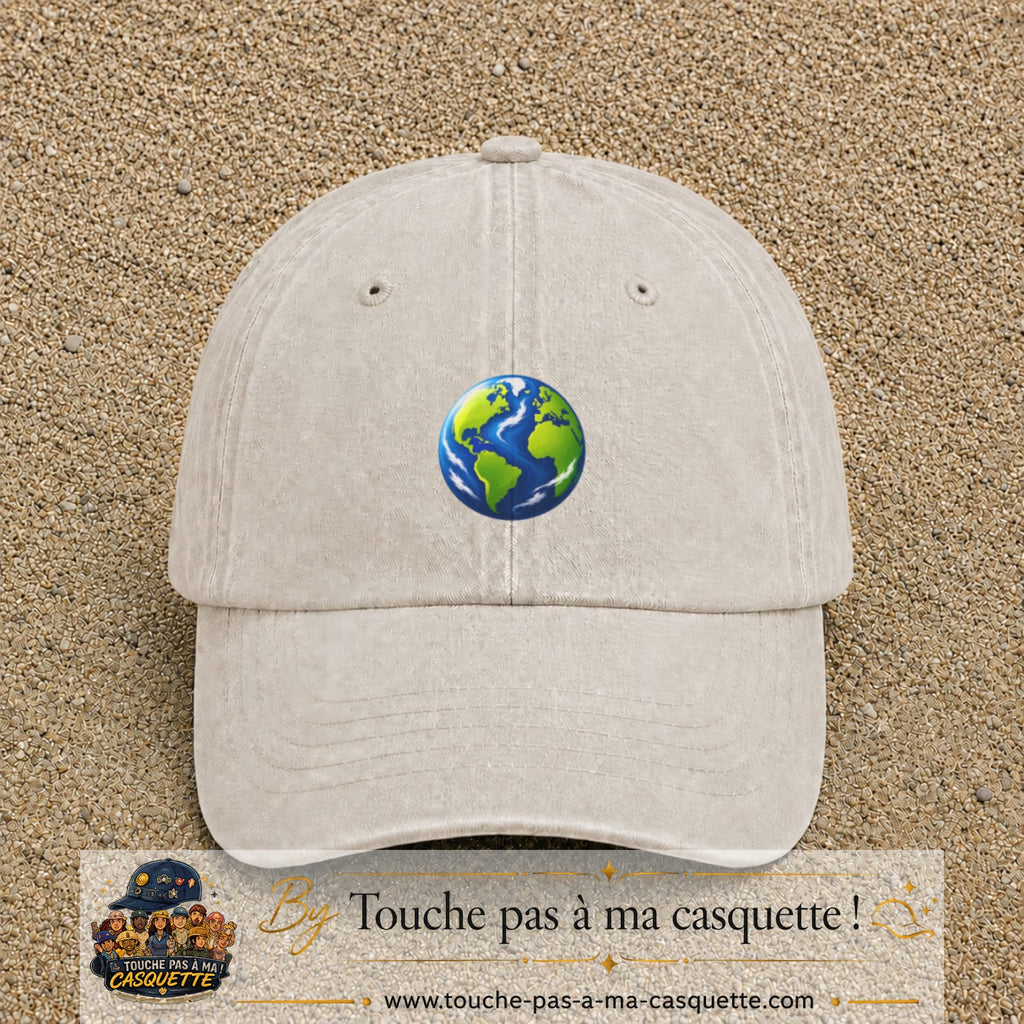 Casquette baseball Beige clair délavé 100% coton avec visuel Planète Terre cartoon 5 cm - image produit principale