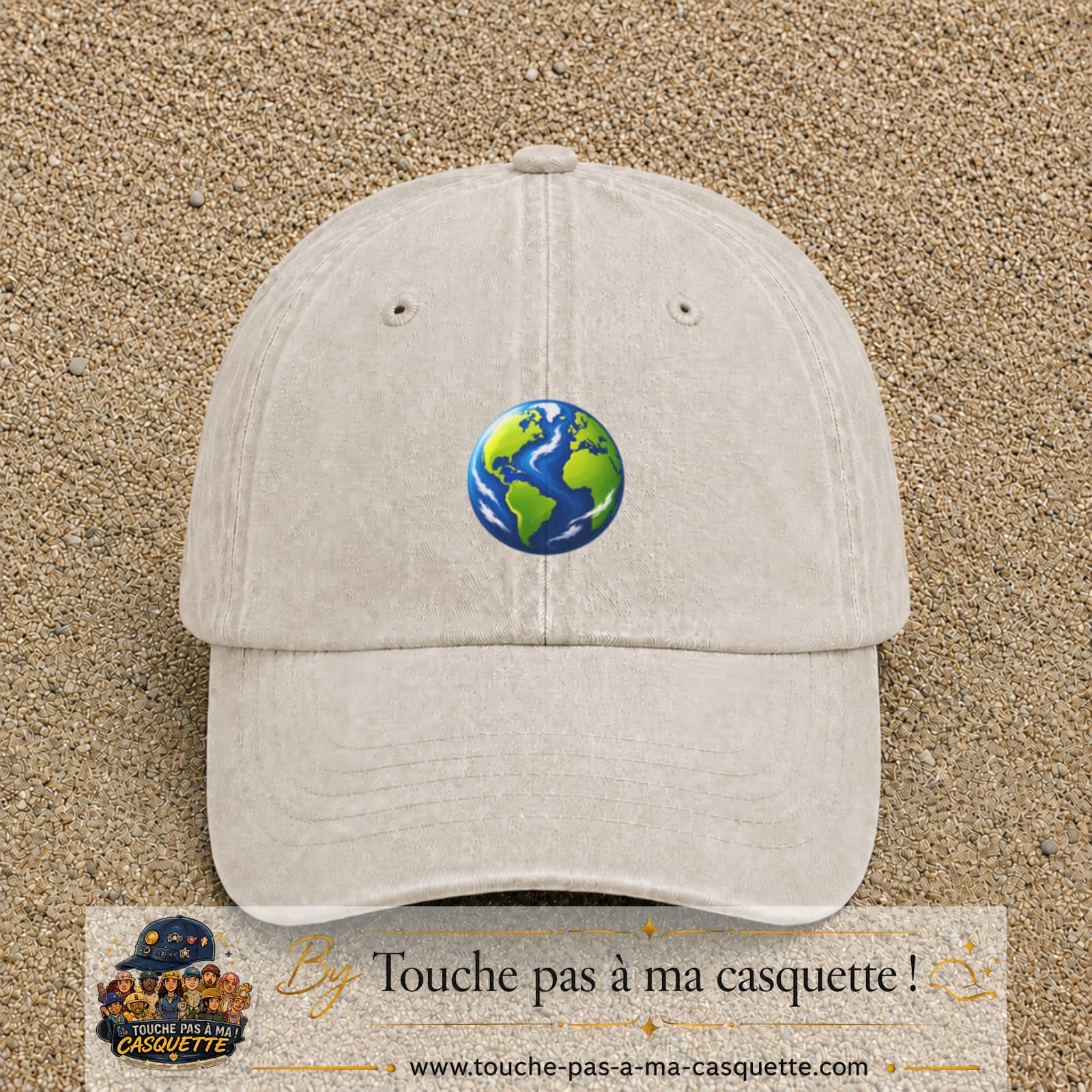 Casquette baseball Beige clair délavé 100% coton avec visuel Planète Terre cartoon 5 cm - image produit principale