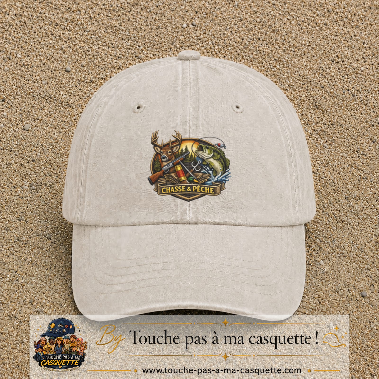 Casquette Beige clair délavé motif Chasse et pêche 7 cm - vue principale