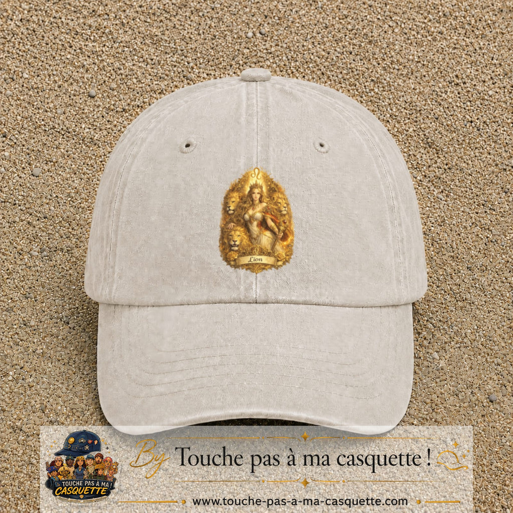 Casquette baseball Beige clair délavé 100% coton avec motif Lion astrologique 7 cm - image principale