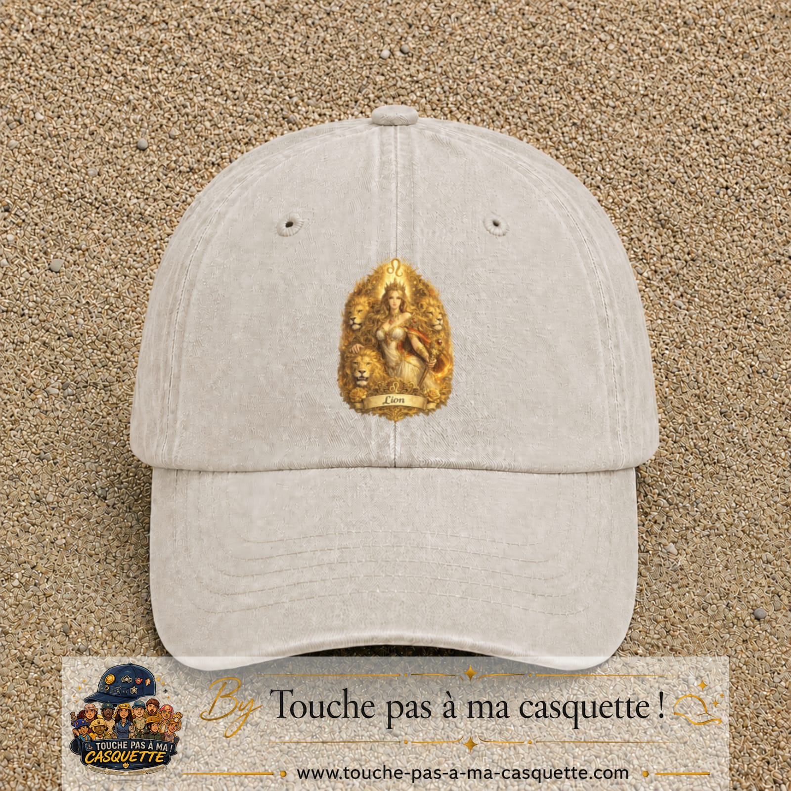 Casquette baseball Beige clair délavé 100% coton avec motif Lion astrologique 7 cm - image principale