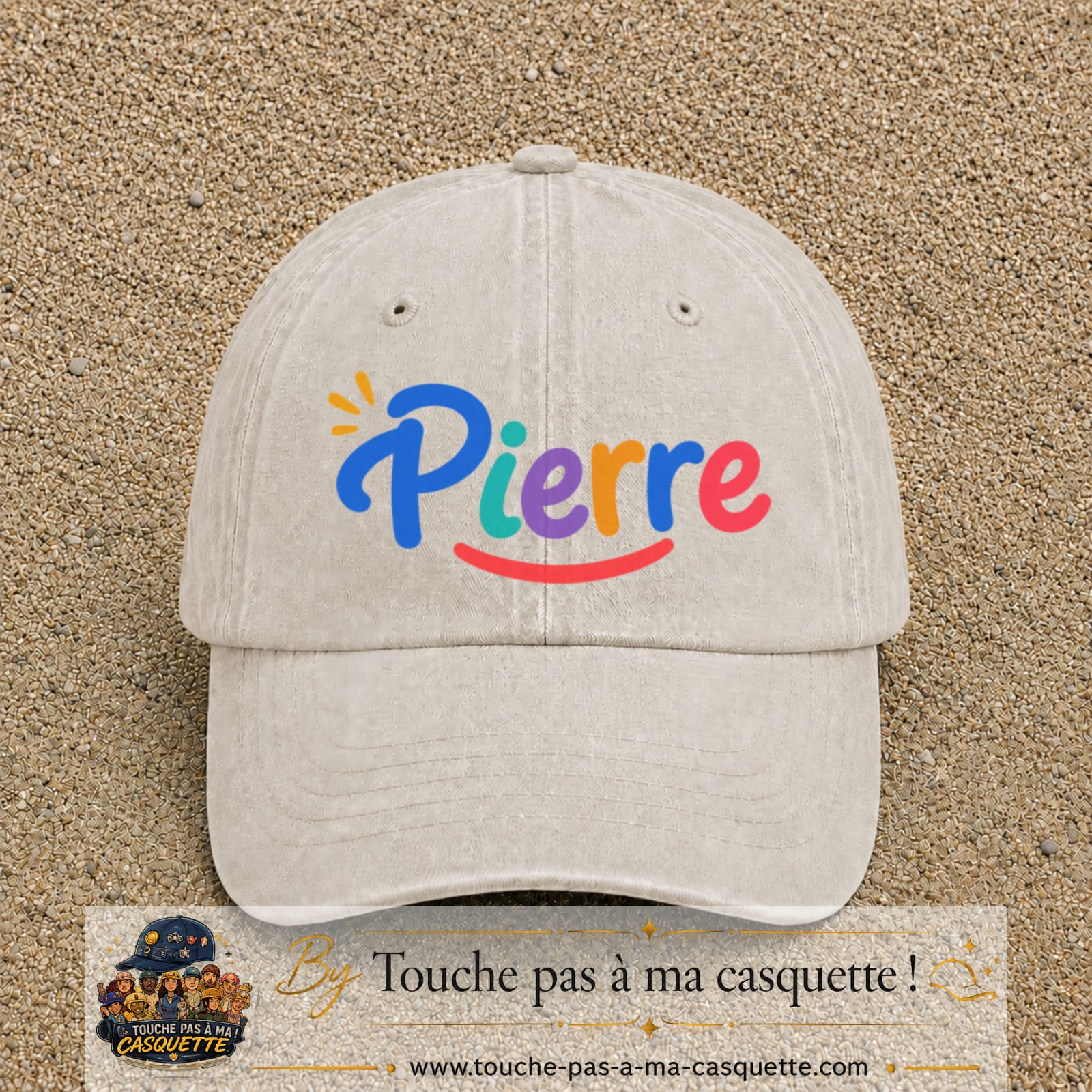 Casquette baseball Beige clair délavé 100% coton avec visuel Prénom Pierre coloré 7 cm - image produit principale