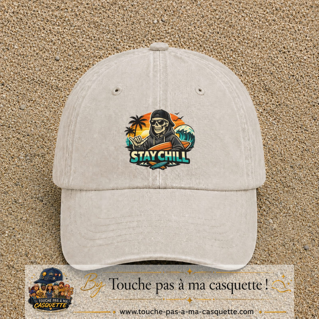 Casquette Beige clair délavé 100% coton avec motif Stay Chill squelette plage 7 cm - image principale