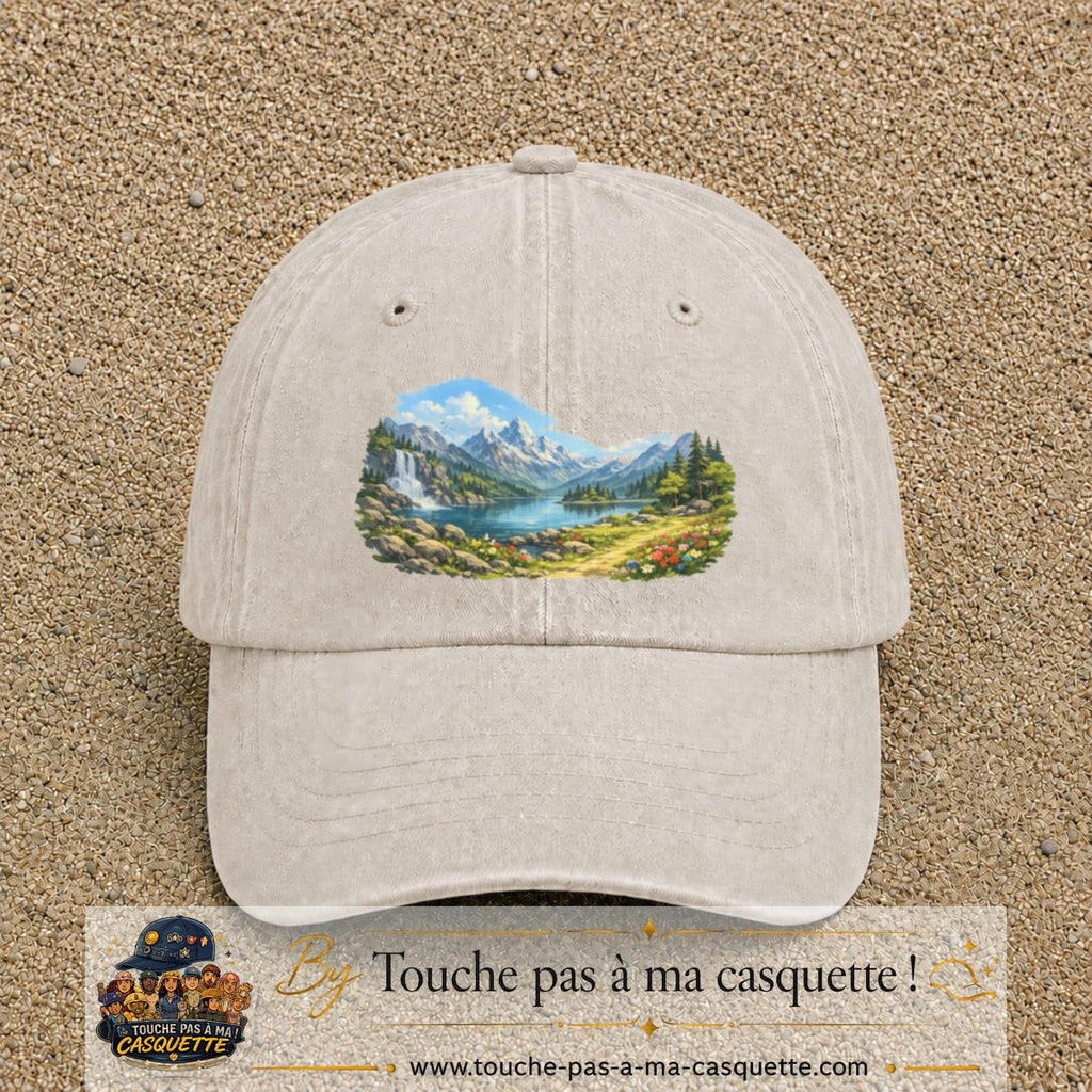 Casquette baseball Beige clair délavé 100% coton avec motif Paysage montagne lac 7 cm - image principale