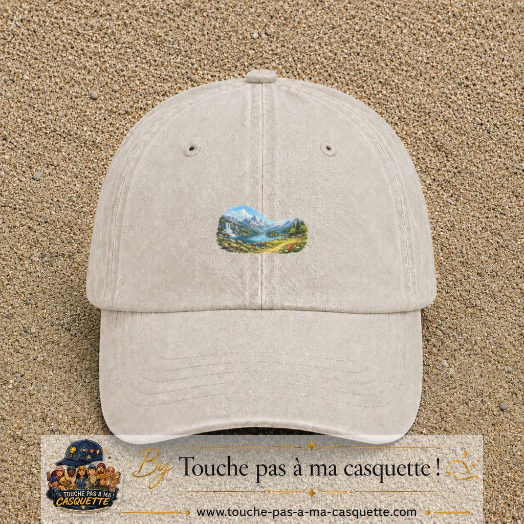 Casquette baseball Beige clair délavé 100% coton avec motif Paysage montagne lac 3 cm - image principale