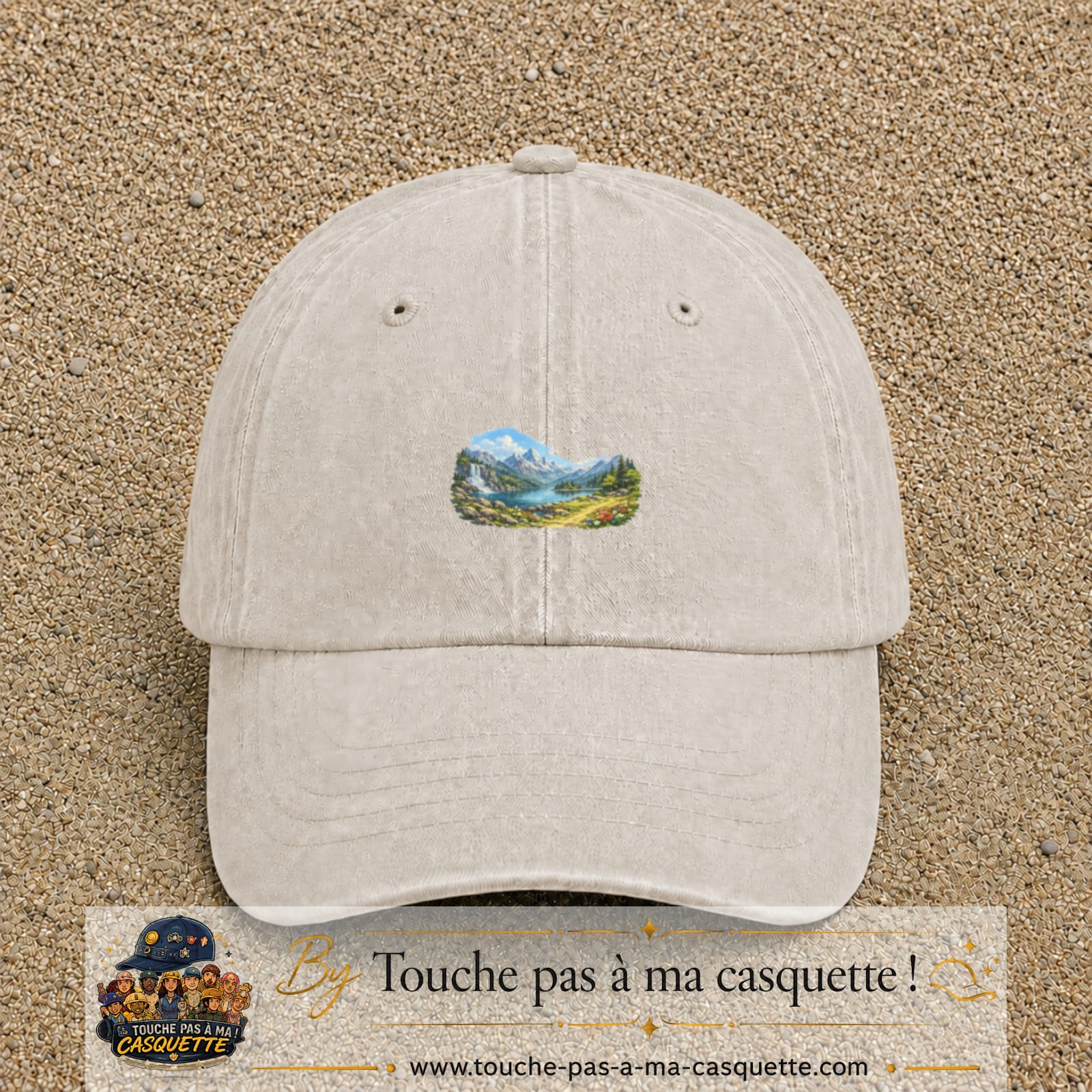 Casquette baseball Beige clair délavé 100% coton avec motif Paysage montagne lac 3 cm - image principale