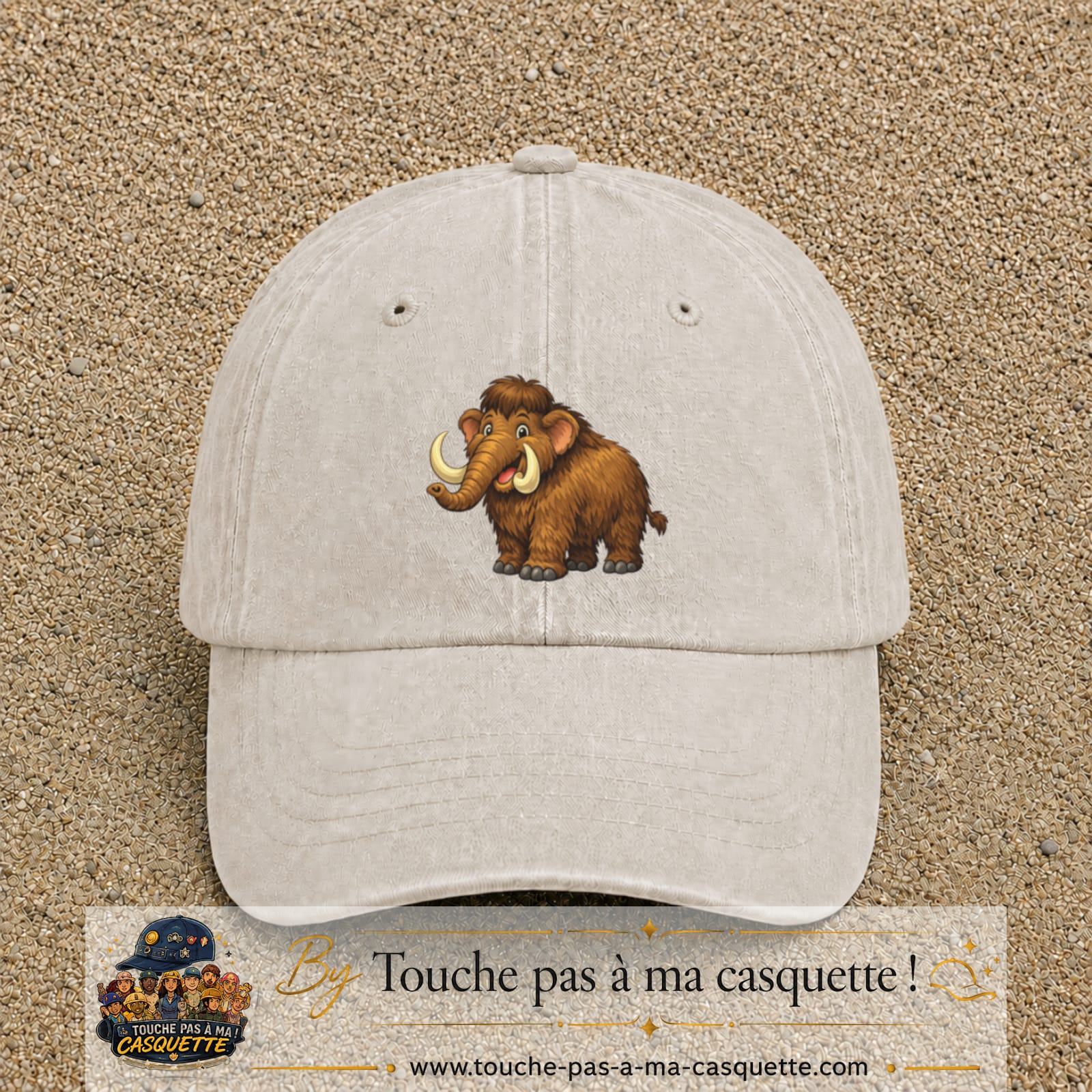Casquette Beige clair délavé 100% coton avec motif Mammouth cartoon 7 cm - image principale