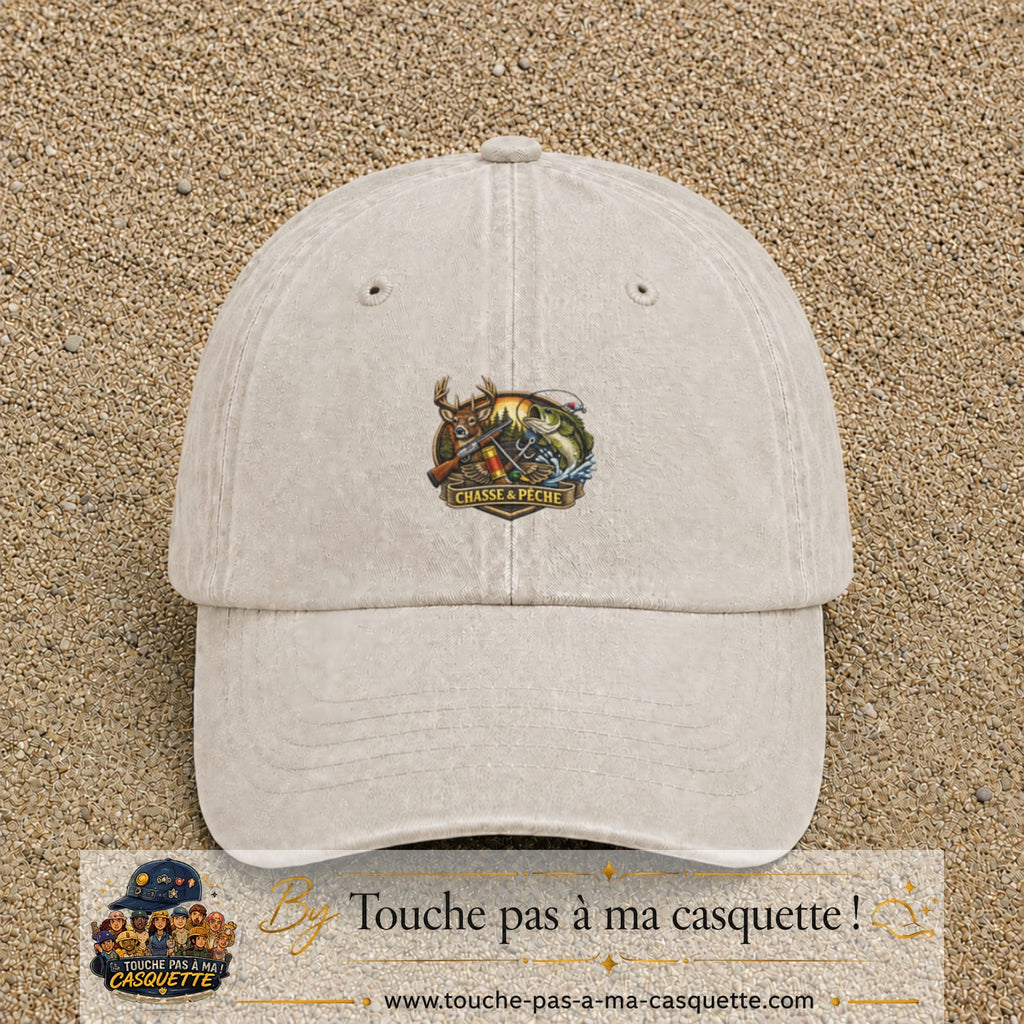 Casquette Beige clair délavé motif Chasse et pêche 5 cm - vue principale