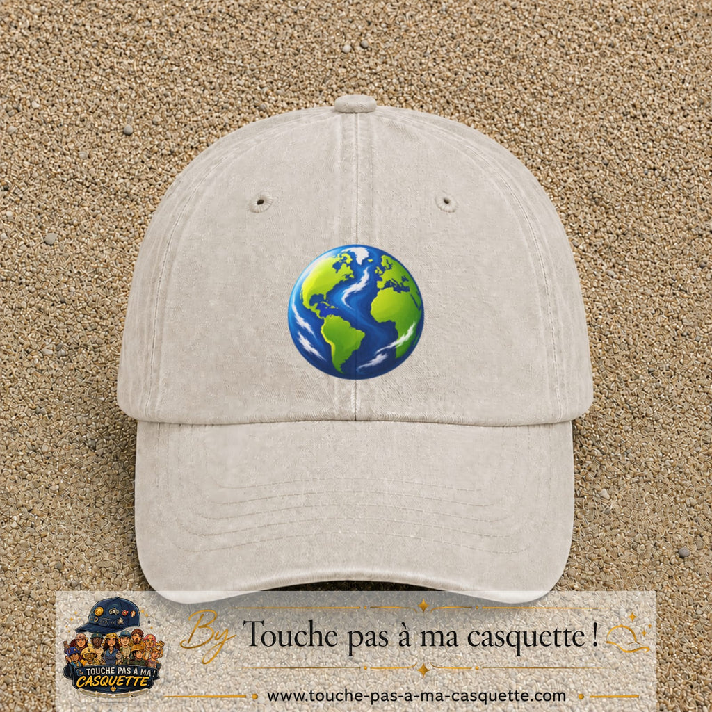 Casquette baseball Beige clair délavé 100% coton avec visuel Planète Terre cartoon 7 cm - image produit principale