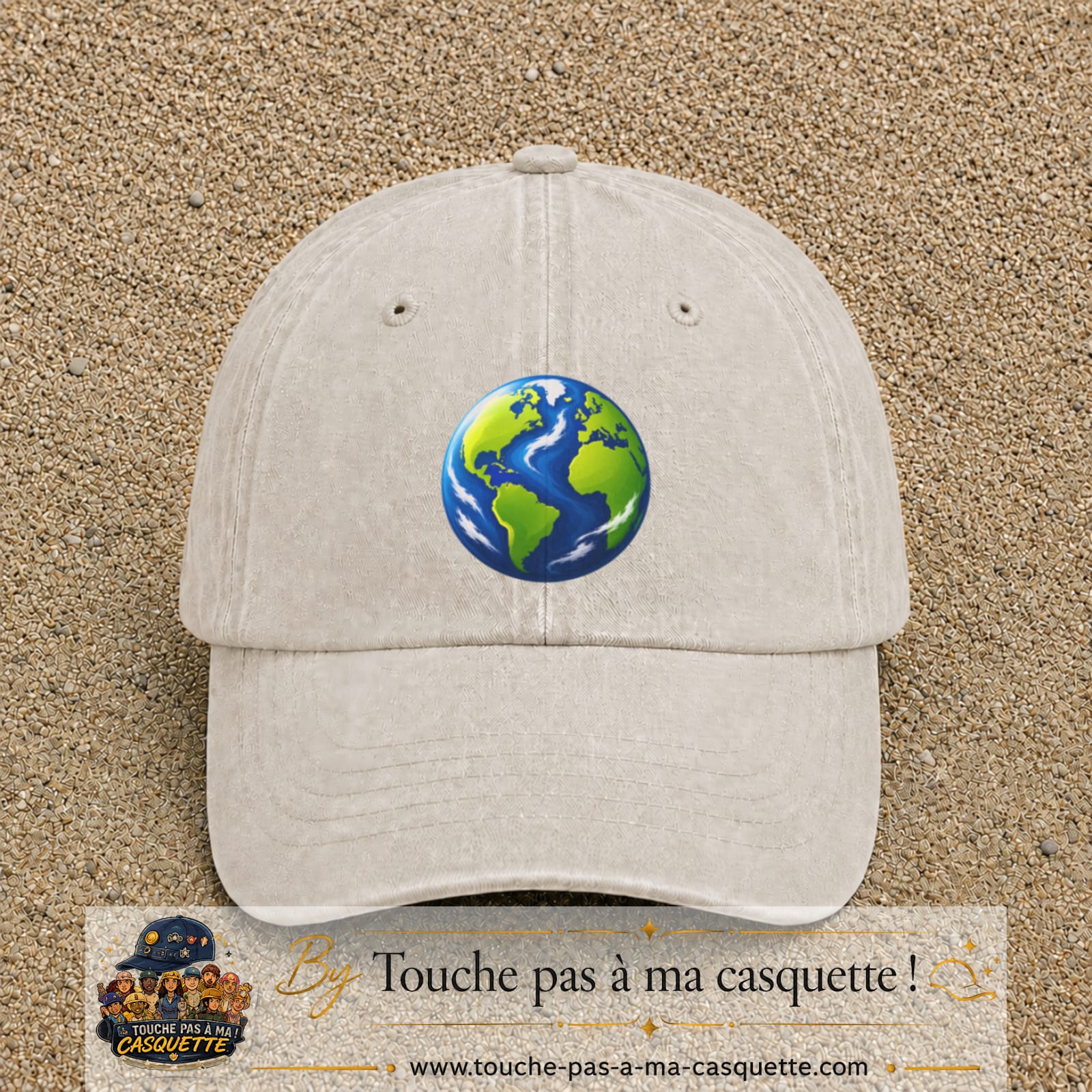 Casquette baseball Beige clair délavé 100% coton avec visuel Planète Terre cartoon 7 cm - image produit principale