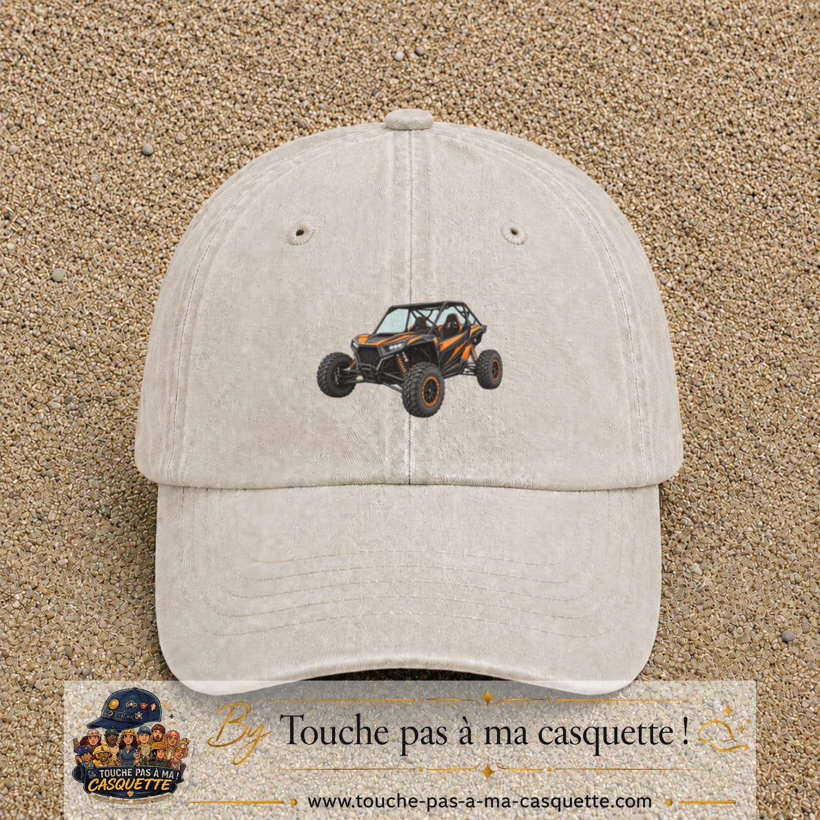 Casquette Beige clair délavé 100% coton avec motif Buggy tout-terrain orange 5 cm - image principale