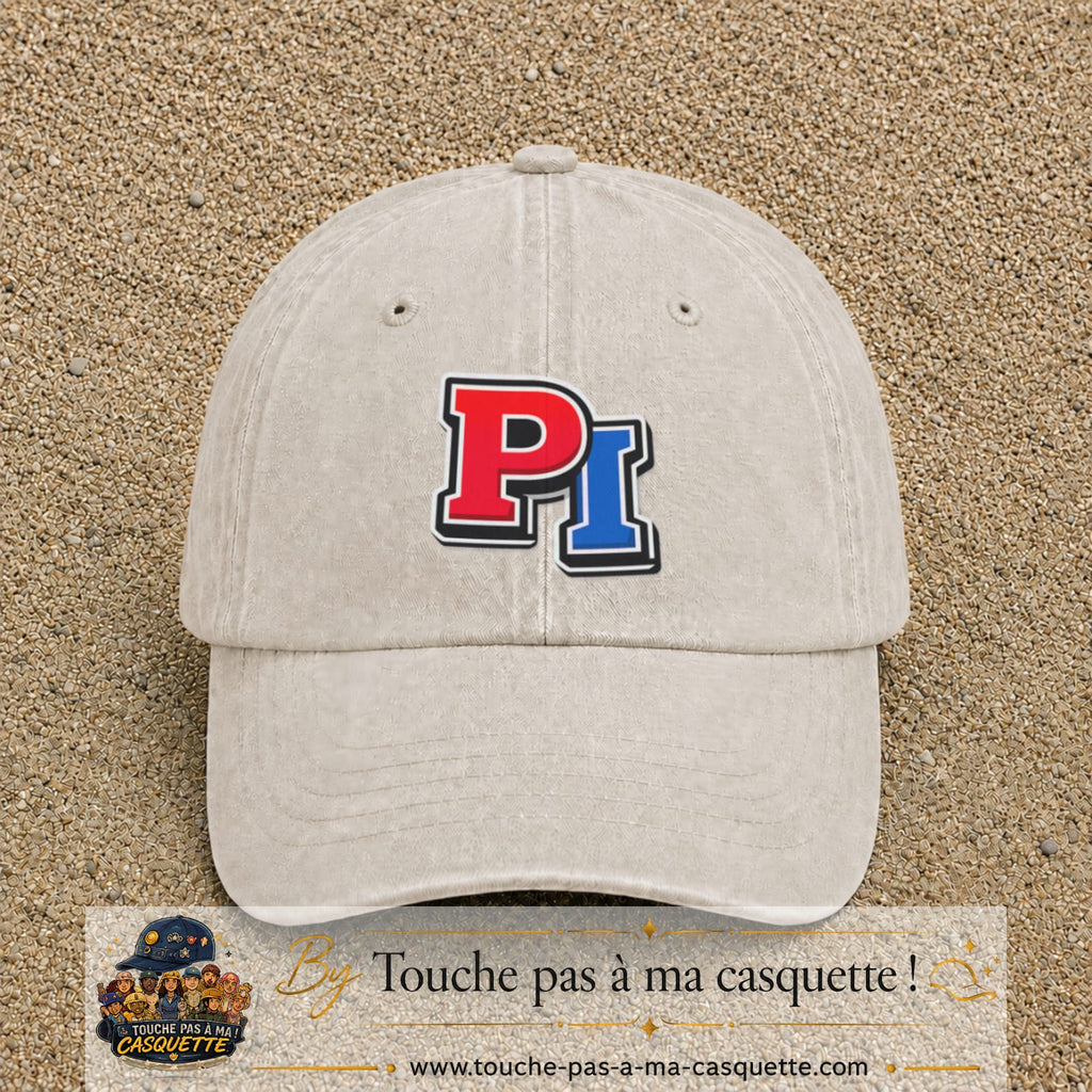 Casquette Beige clair délavé 100% coton avec motif Initiales PI rouge et bleu 7 cm - image principale