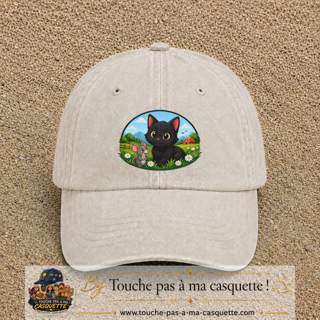 Casquette baseball Beige clair délavé 100% coton avec visuel Chat et souris à la ferme 7 cm - image produit principale