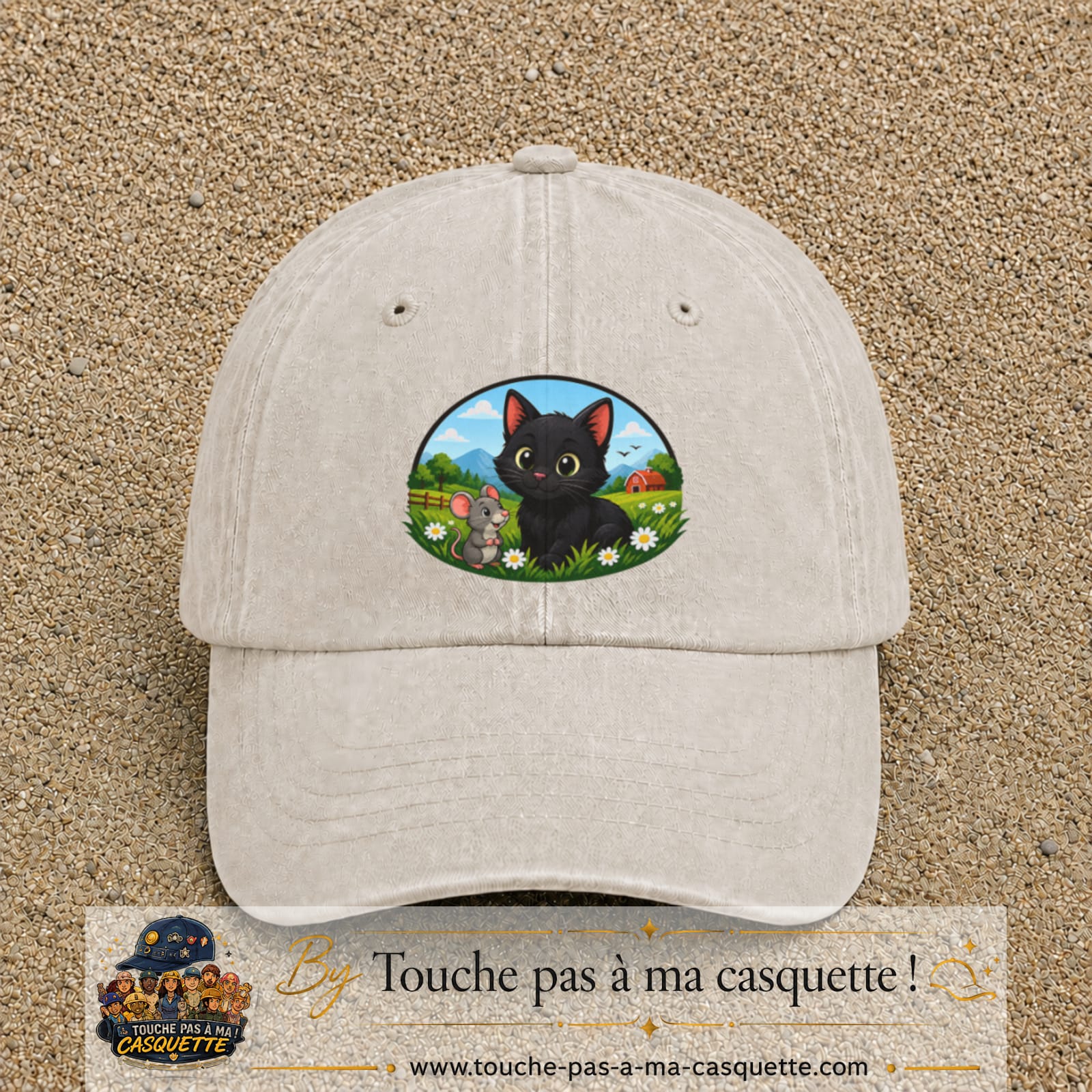 Casquette baseball Beige clair délavé 100% coton avec visuel Chat et souris à la ferme 7 cm - image produit principale