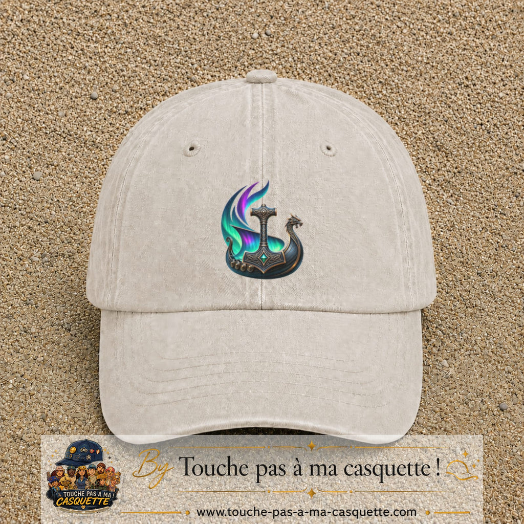 Casquette Beige clair délavé 100% coton avec motif Drakkar viking et marteau de Thor 7 cm - image principale