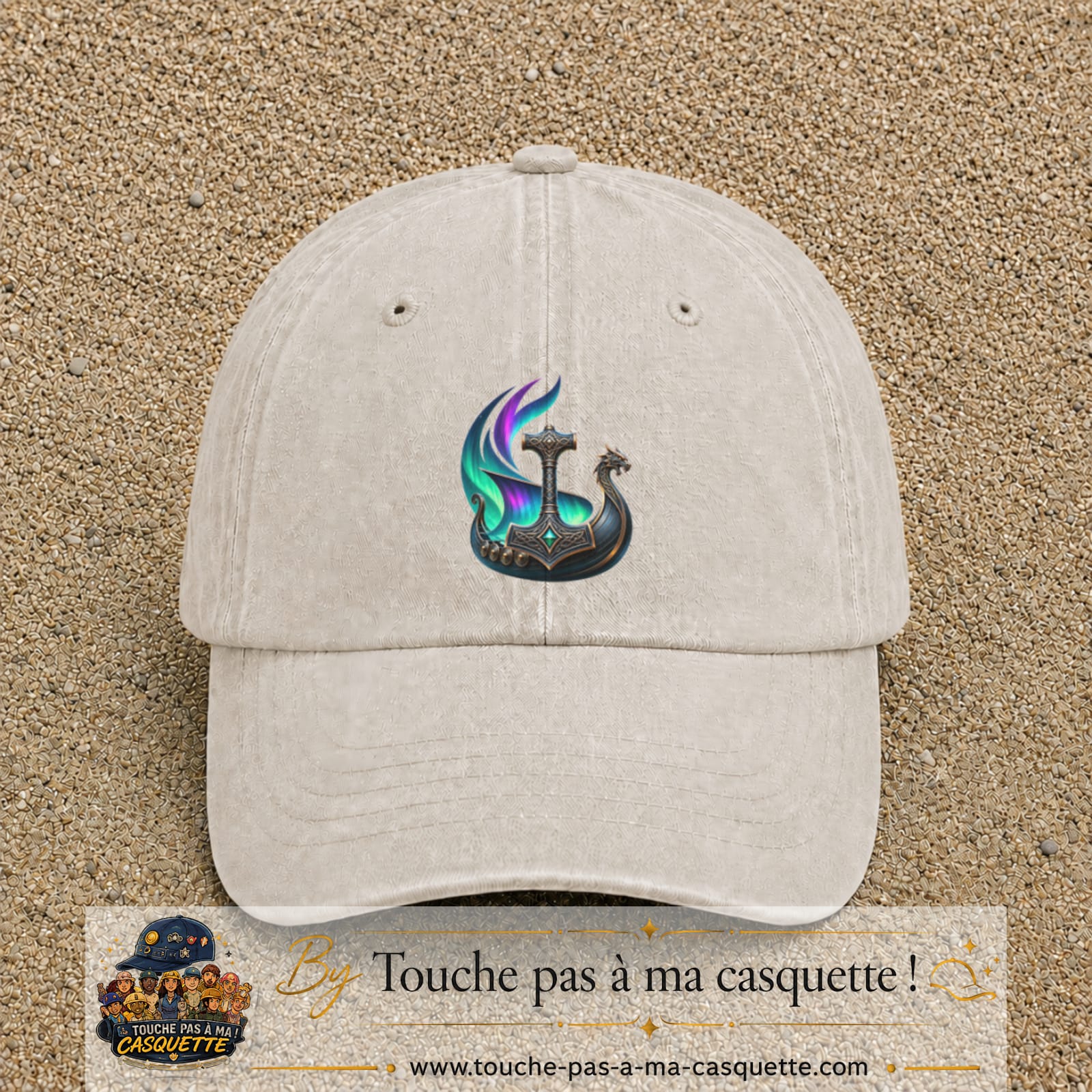 Casquette Beige clair délavé 100% coton avec motif Drakkar viking et marteau de Thor 7 cm - image principale