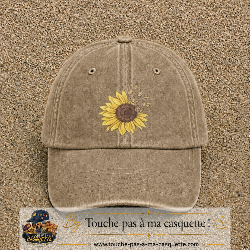 Image principale produit15grosBF - casquette Beige foncé délavé avec visuel Tournesol mandala 7 cm