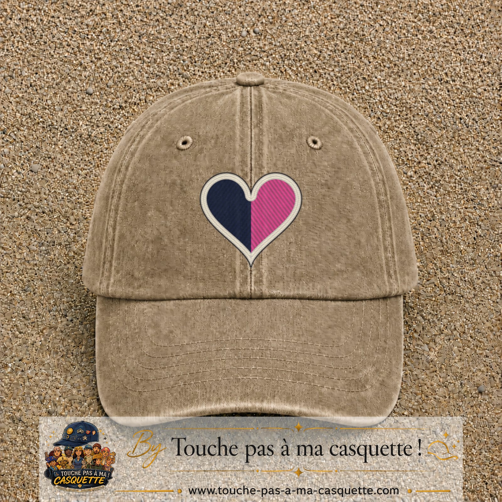 Image principale produit116grosBF - casquette Beige foncé délavé avec visuel Cœur bicolore 7 cm