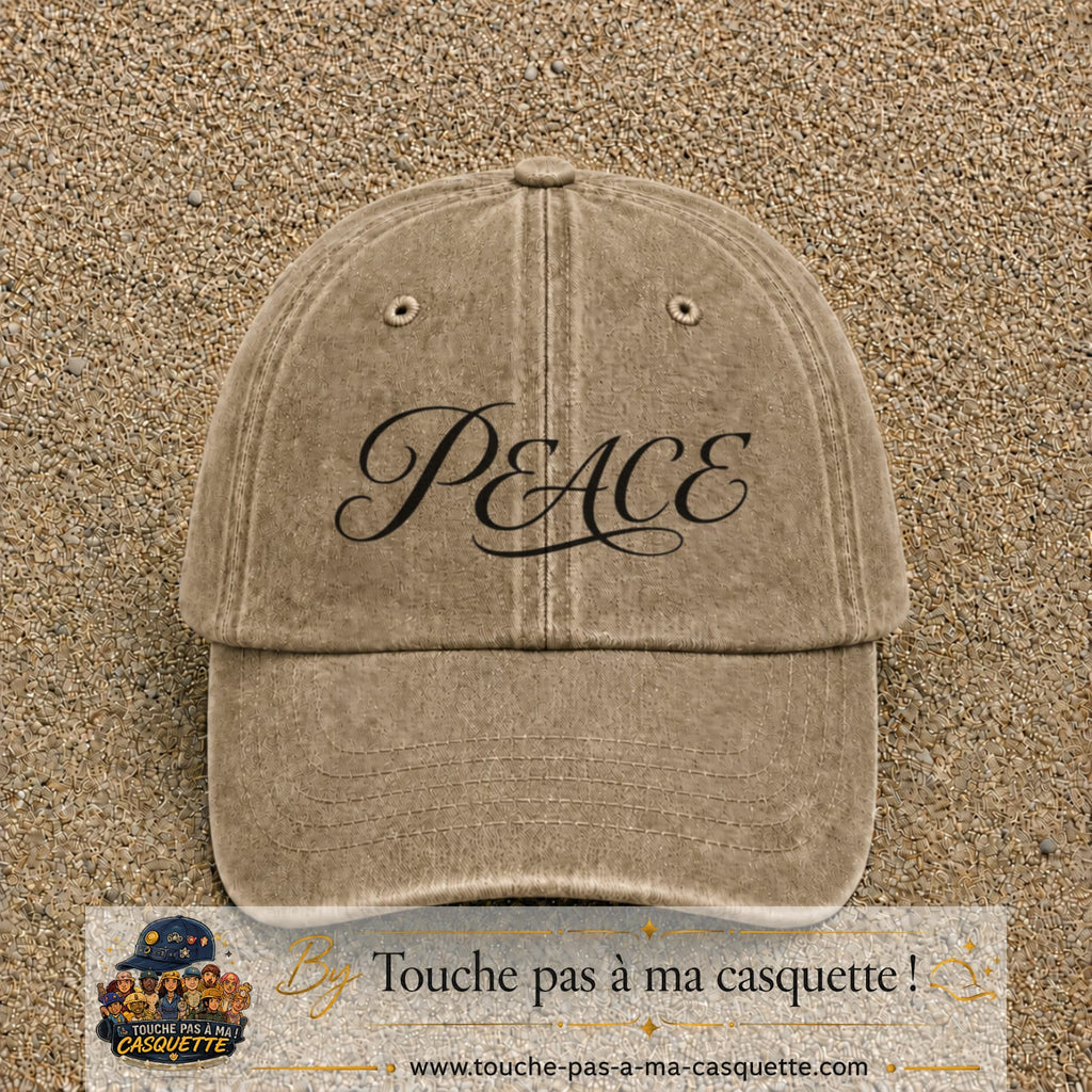 Image principale produit132moyenBF - casquette Beige foncé délavé avec visuel Peace calligraphie 5 cm