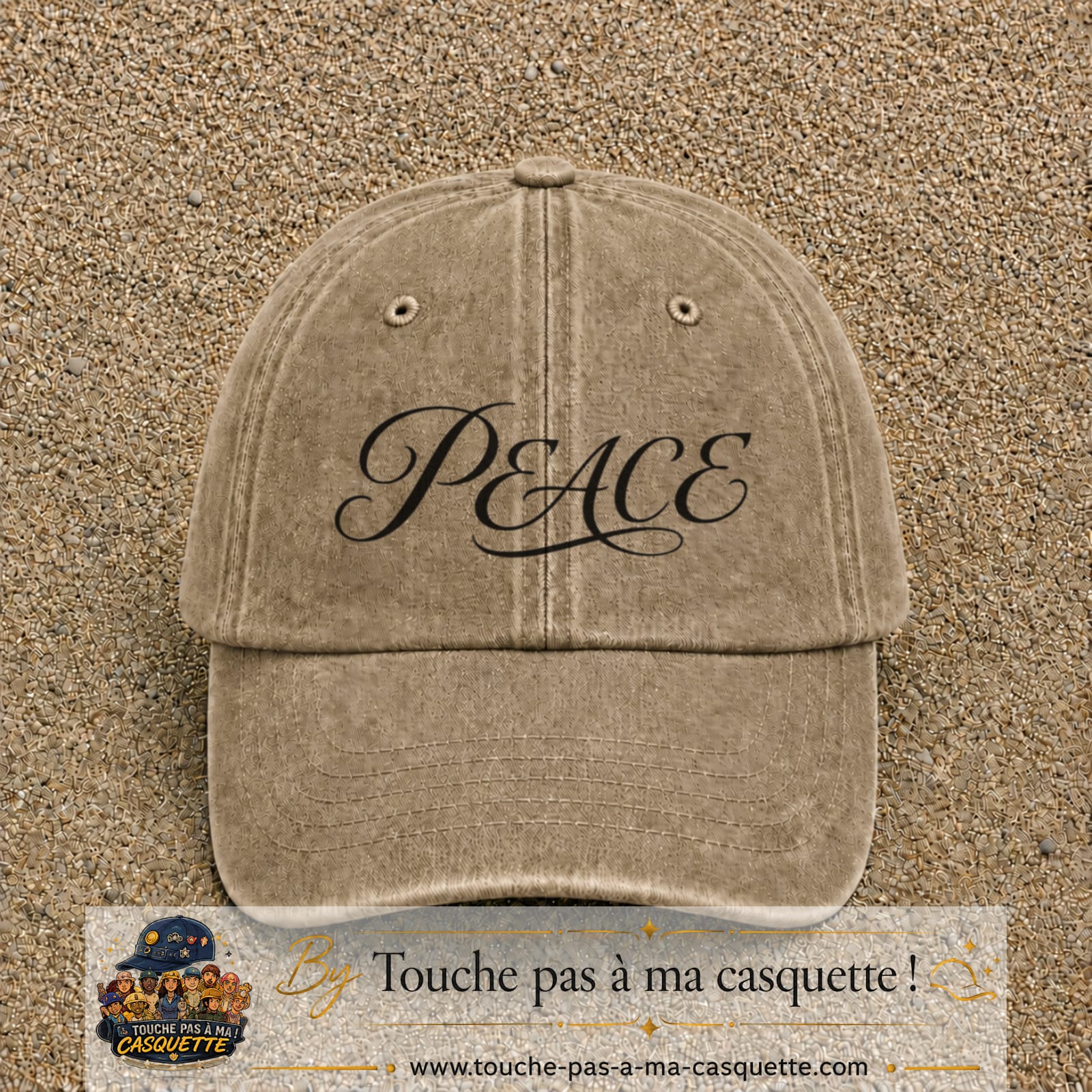 Image principale produit132moyenBF - casquette Beige foncé délavé avec visuel Peace calligraphie 5 cm