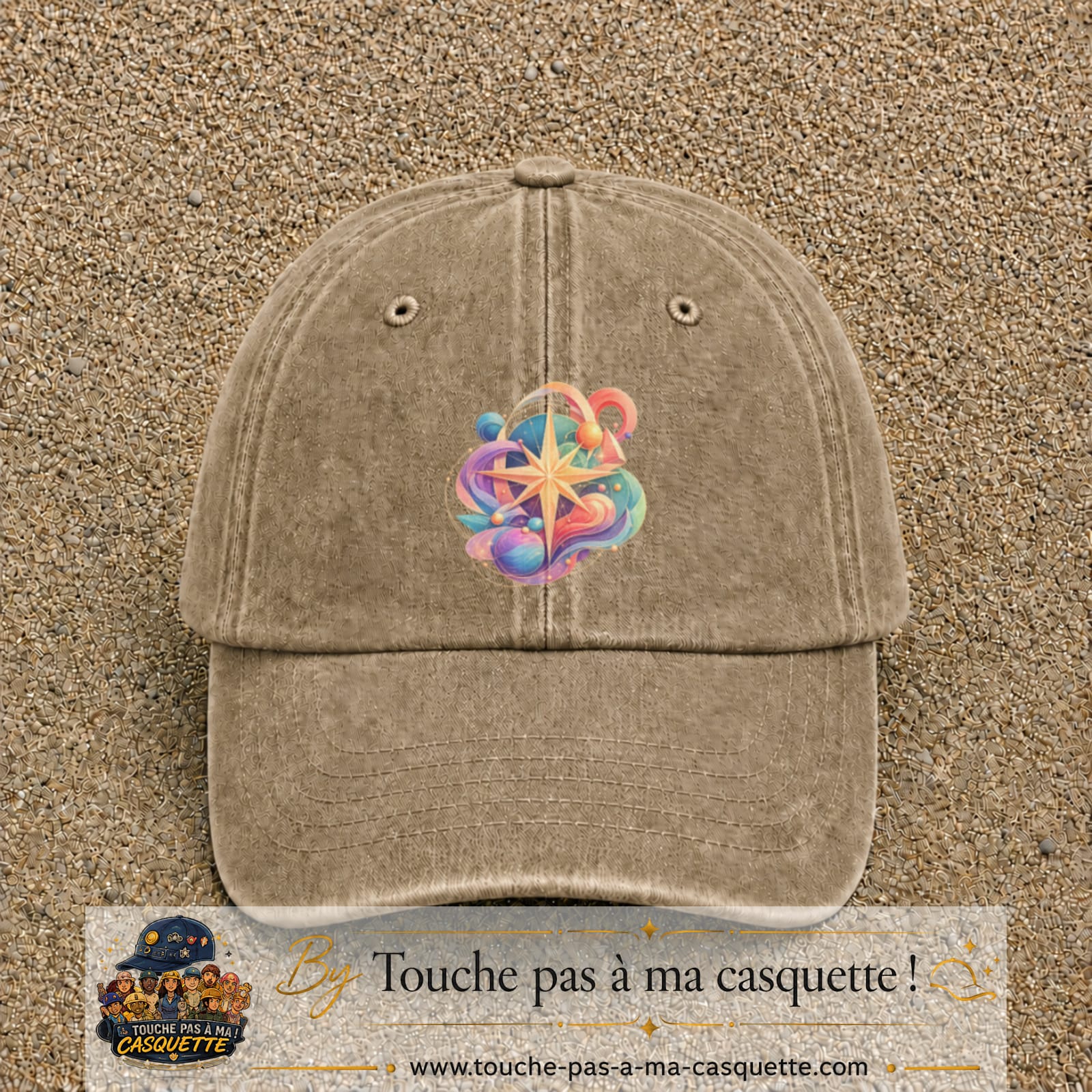 Image principale casquette Beige foncé délavé avec motif Boussole cosmique 7 cm