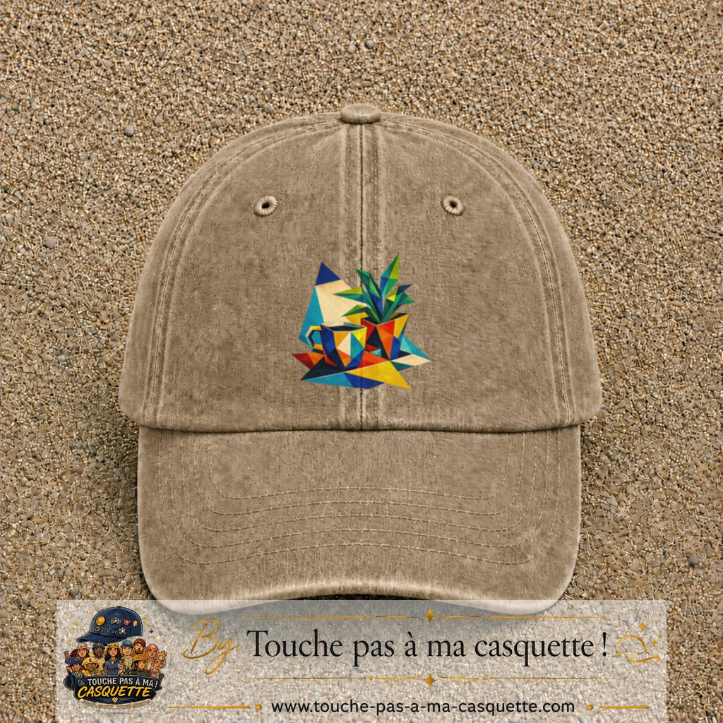 Casquette Beige foncé délavé motif Plante graphique logo 7 cm