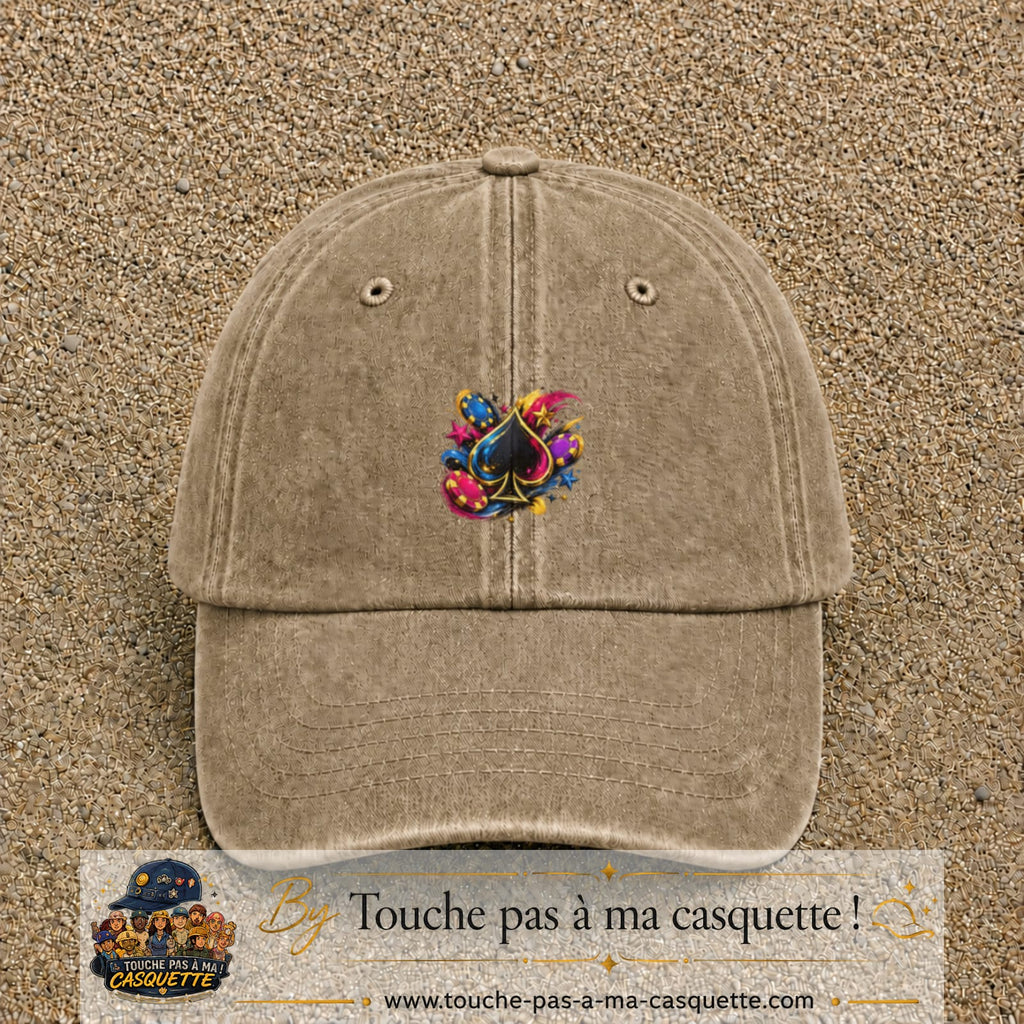Casquette Beige foncé délavé avec motif As de pique et jetons de poker en 5 cm – vue principale