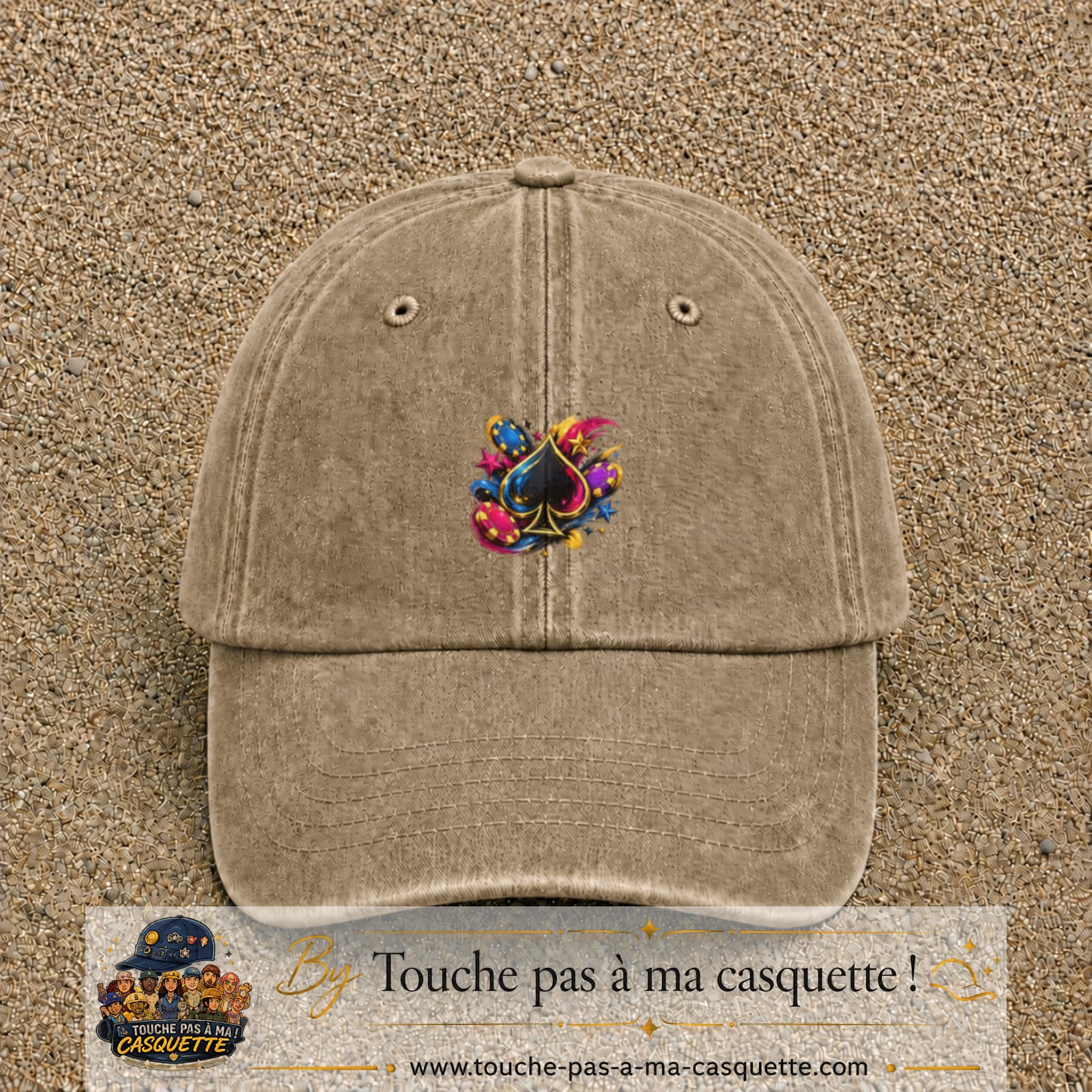 Casquette Beige foncé délavé avec motif As de pique et jetons de poker en 5 cm – vue principale