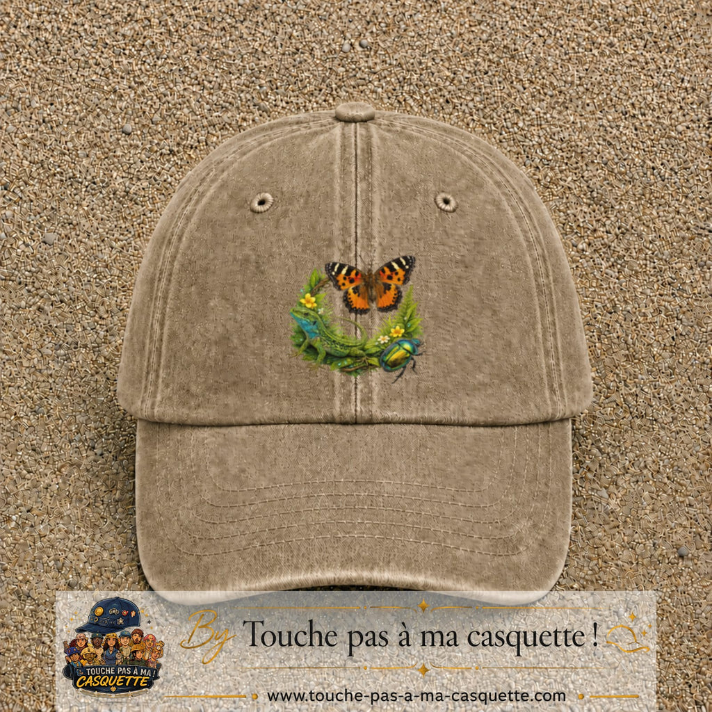 Image principale casquette Beige foncé délavé avec motif Papillon et lézard 7 cm