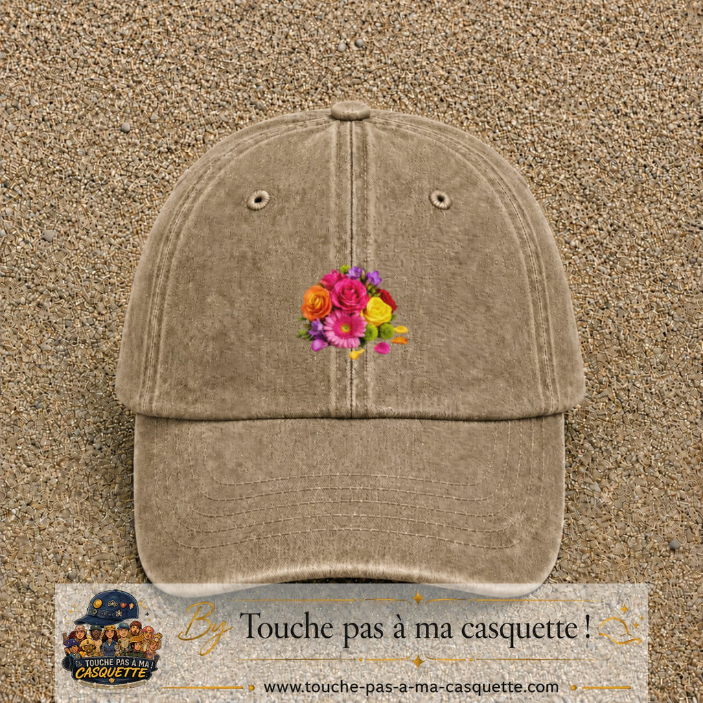 Casquette Beige foncé délavé motif Bouquet de fleurs logo 5 cm