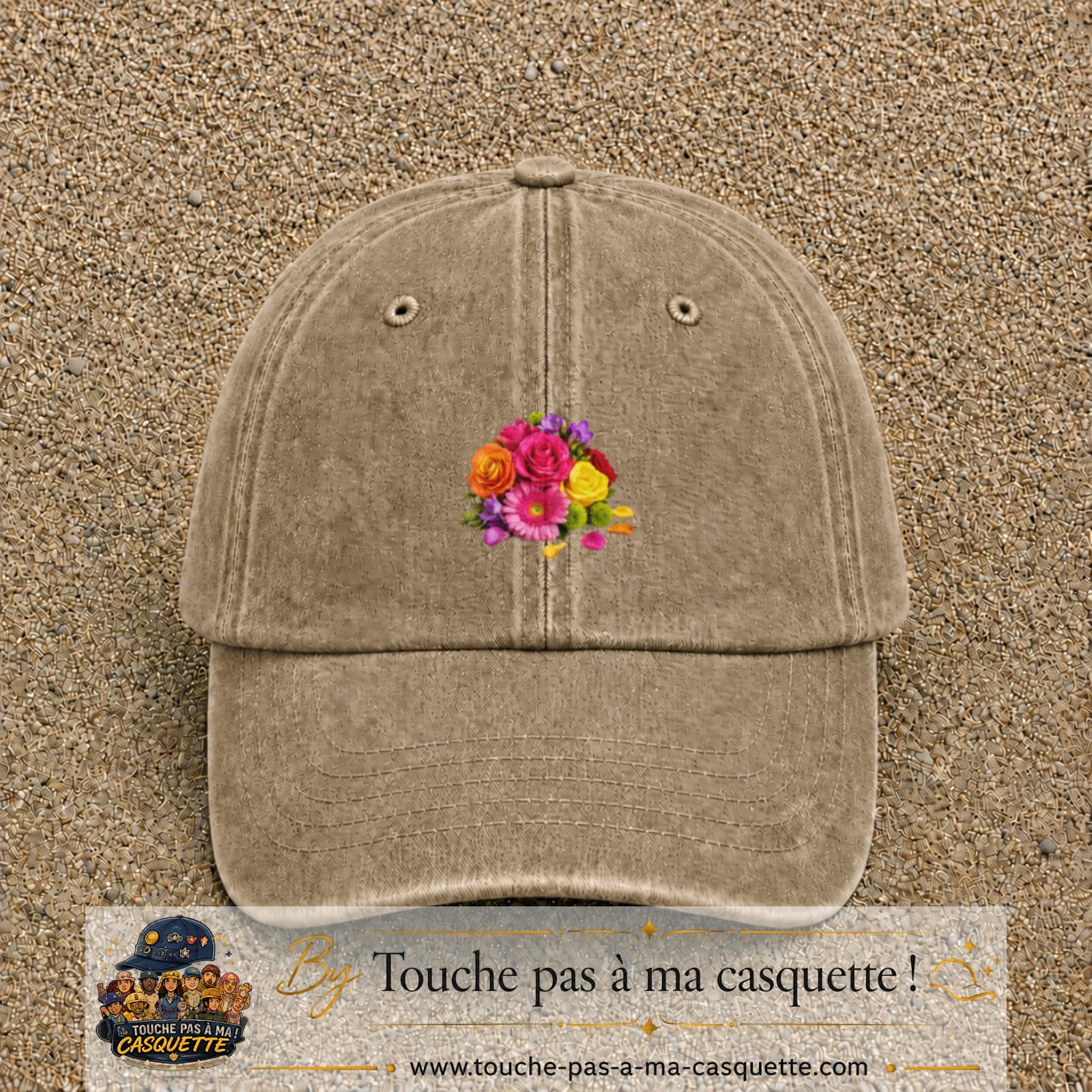 Casquette Beige foncé délavé motif Bouquet de fleurs logo 5 cm