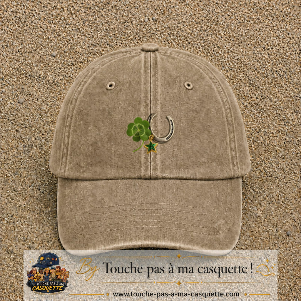 Image principale casquette Beige foncé délavé avec motif Trèfle et fer à cheval 5 cm