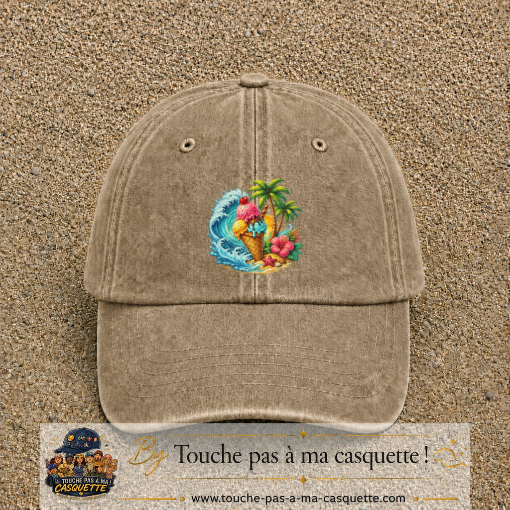 Casquette Beige foncé délavé motif Glace tropicale logo 7 cm