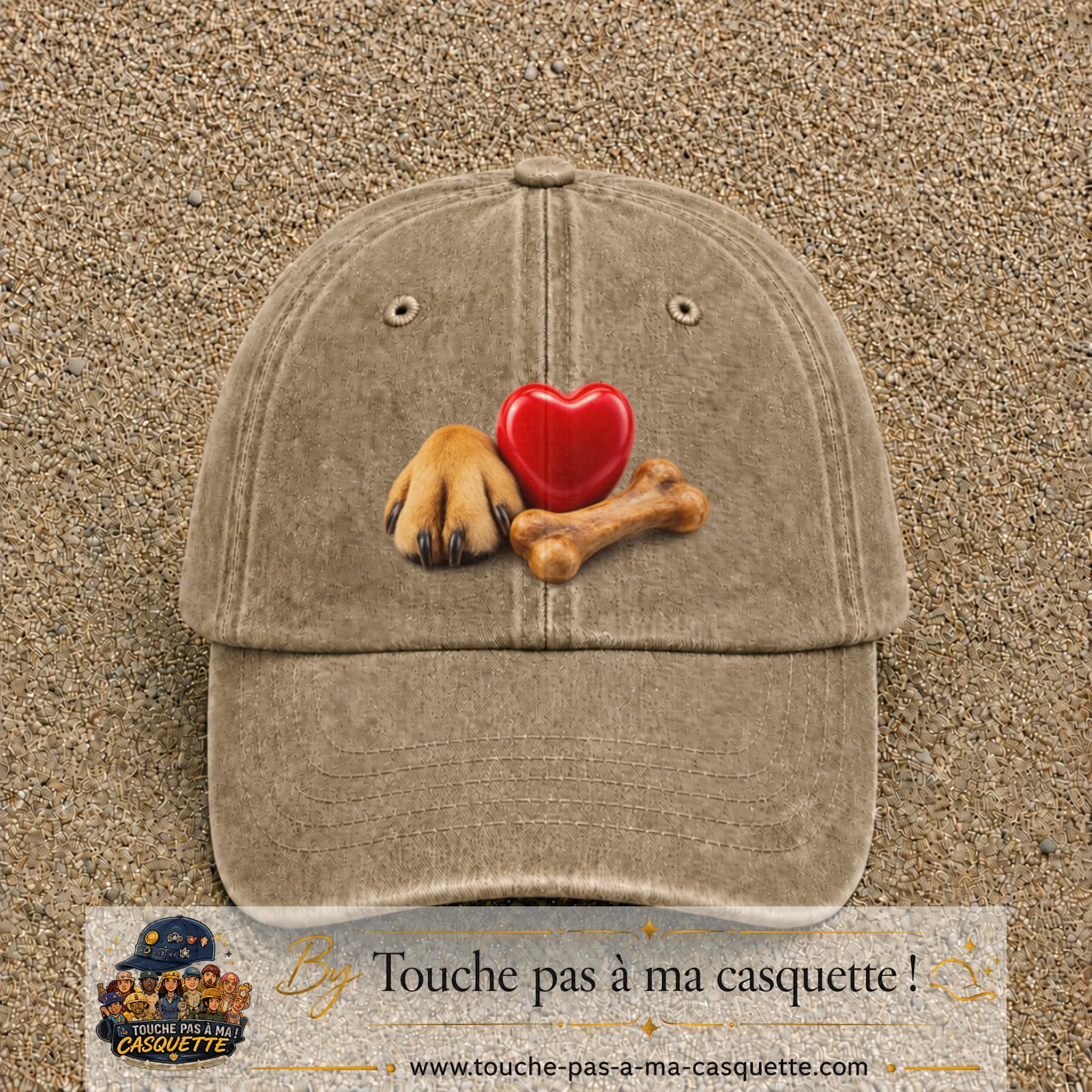 Casquette Beige foncé délavé motif Patte de chien et cœur logo 7 cm