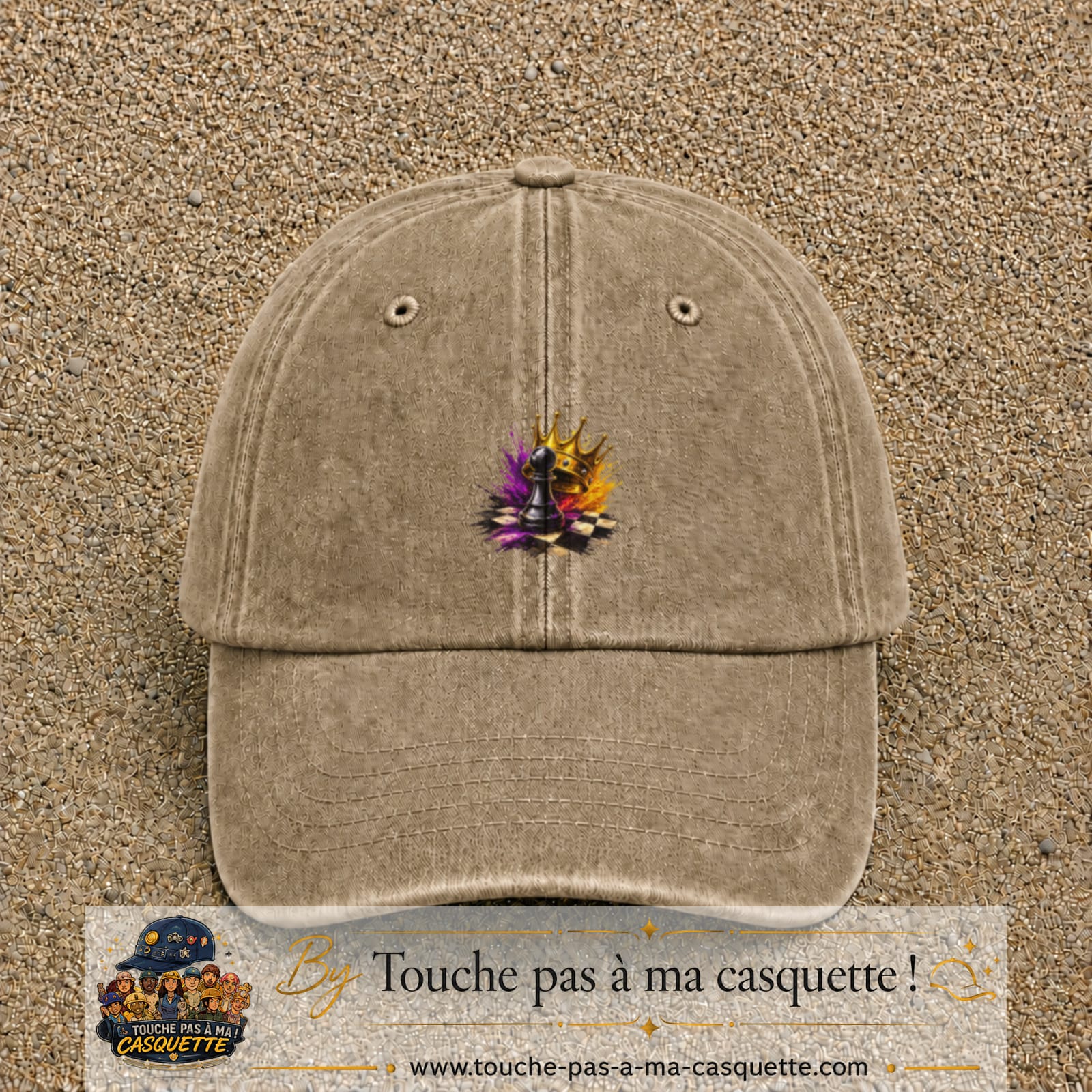 Image principale casquette Beige foncé délavé avec motif Échecs couronnés 5 cm